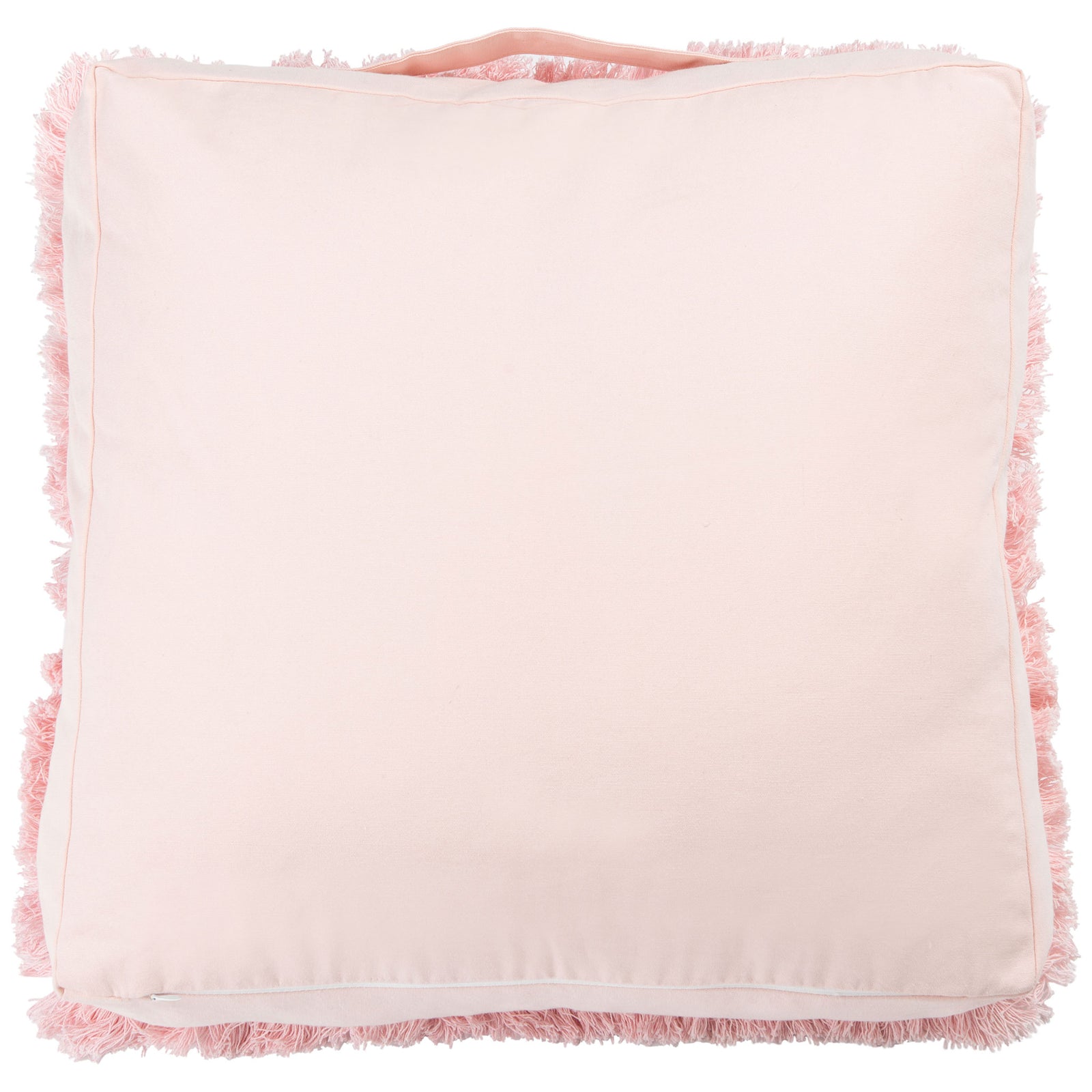 Soft pink fabric and a matching carry handle give this fringed floor cushion a neat finish. || FLP1018C || back_studio
