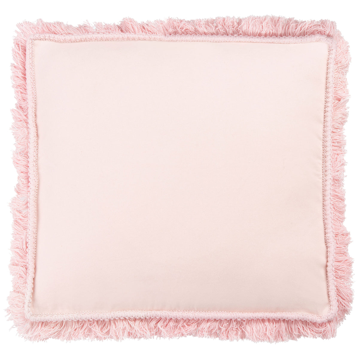 Blush pink fabric meets a tailored square border and generous fringe on this floor cushion. || FLP1018C || front_studio