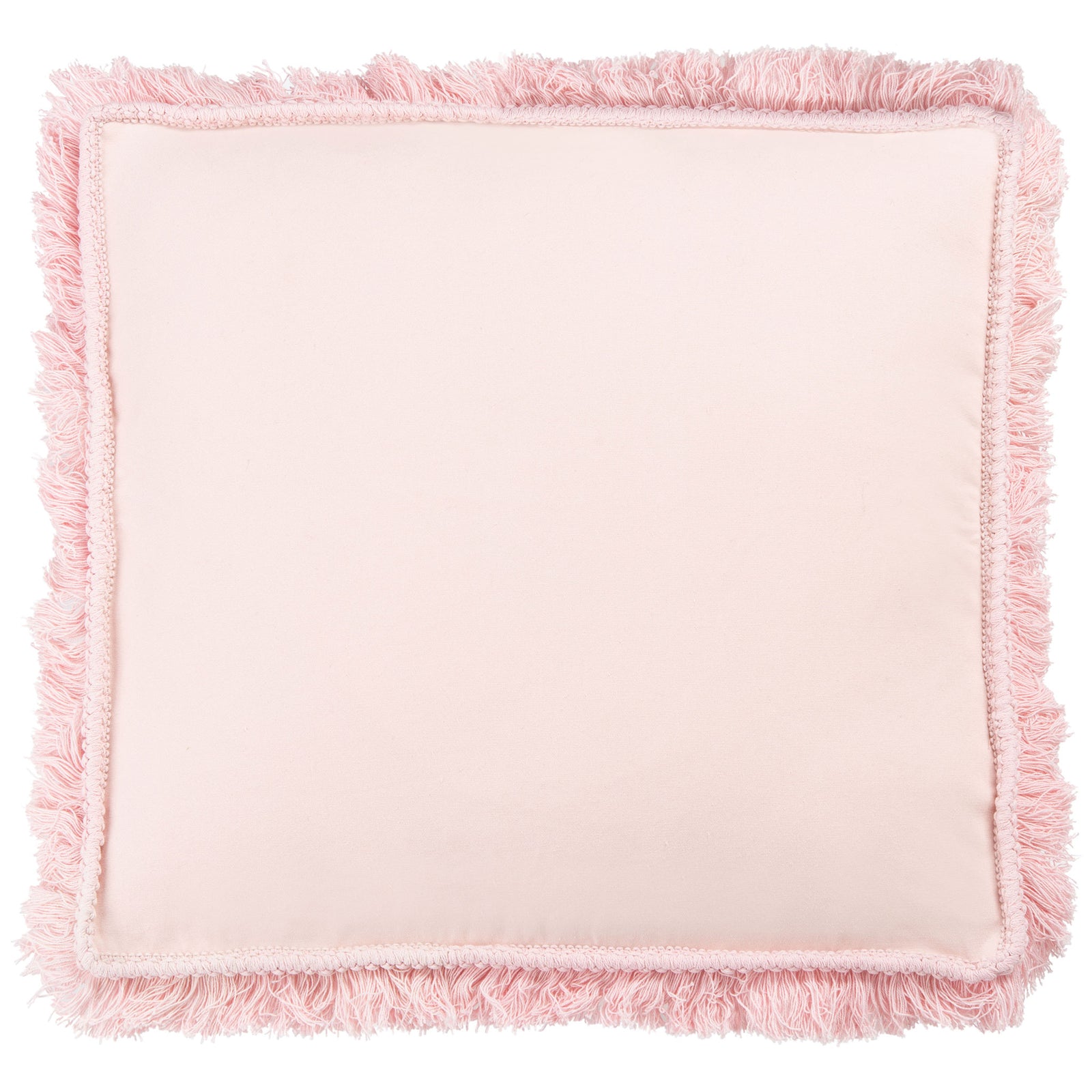 Blush pink fabric meets a tailored square border and generous fringe on this floor cushion. || FLP1018C || front_studio
