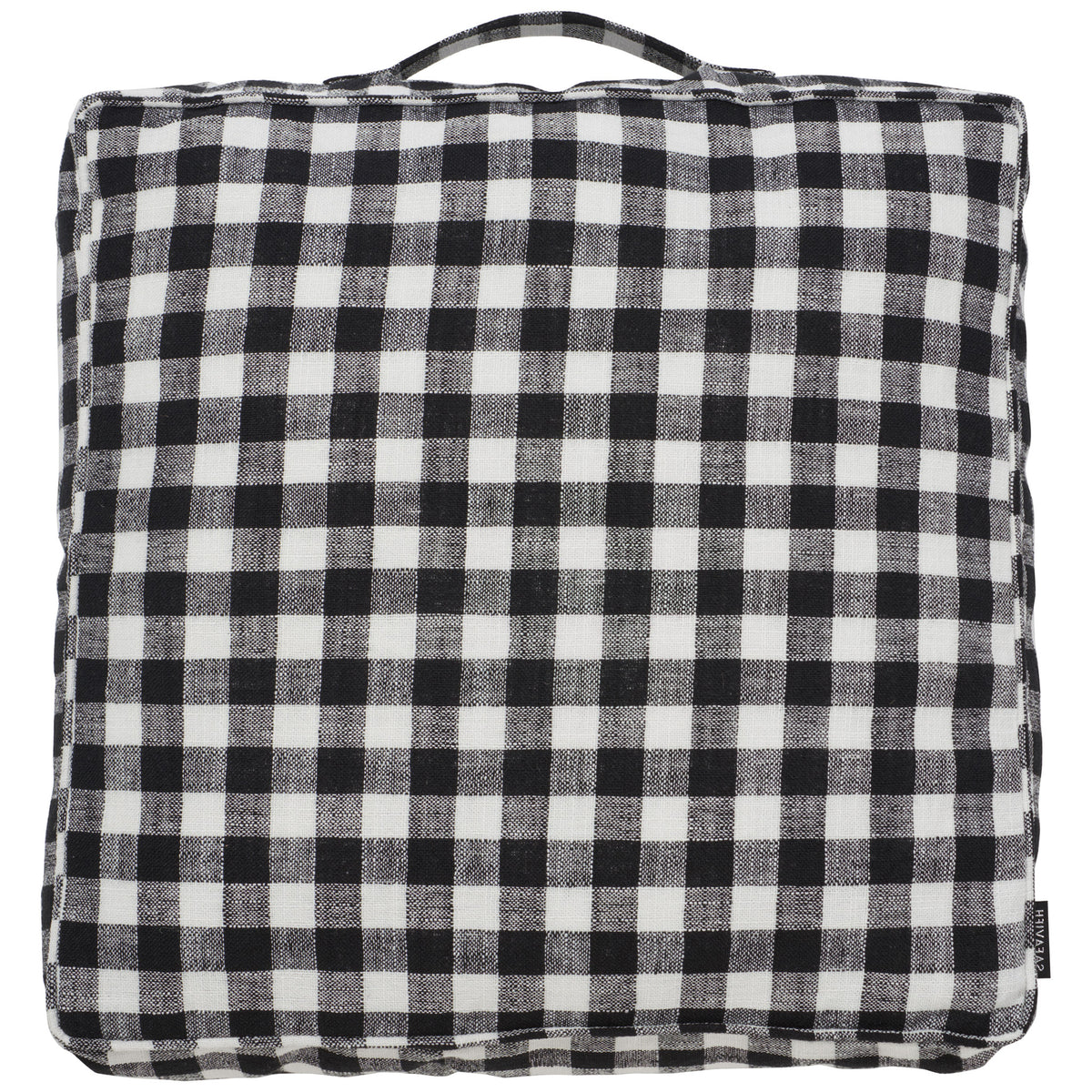 A fabric carrying handle tops this plump square pillow in black-and-white gingham || FLP1019A || back_studio