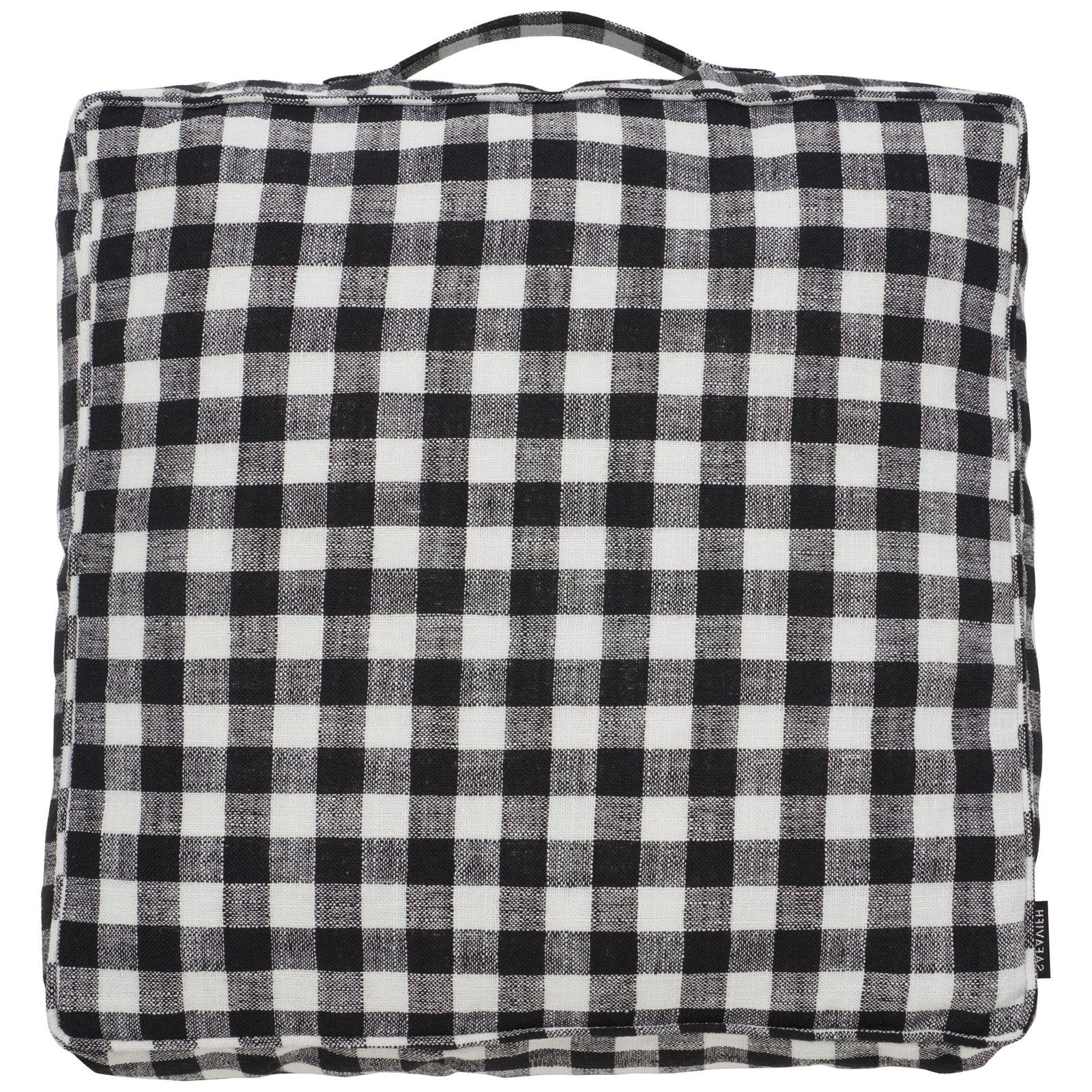 A fabric carrying handle tops this plump square pillow in black-and-white gingham || FLP1019A || back_studio