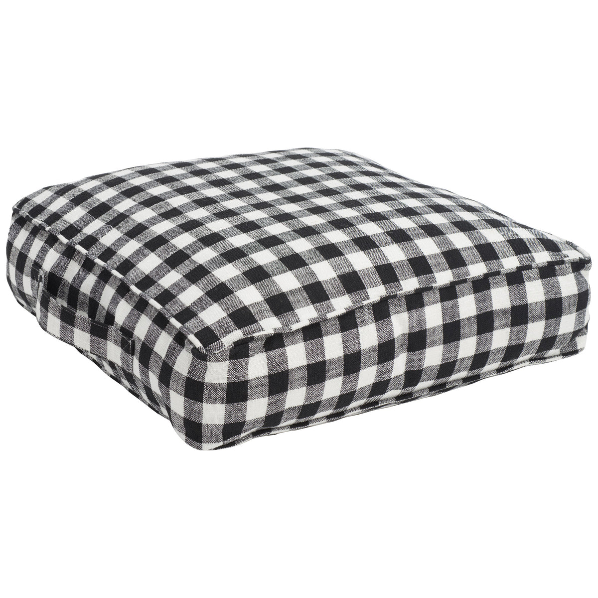Thick cushioning and black-and-white checks extend across the pillow's tailored sides || FLP1019A || front_angle_studio
