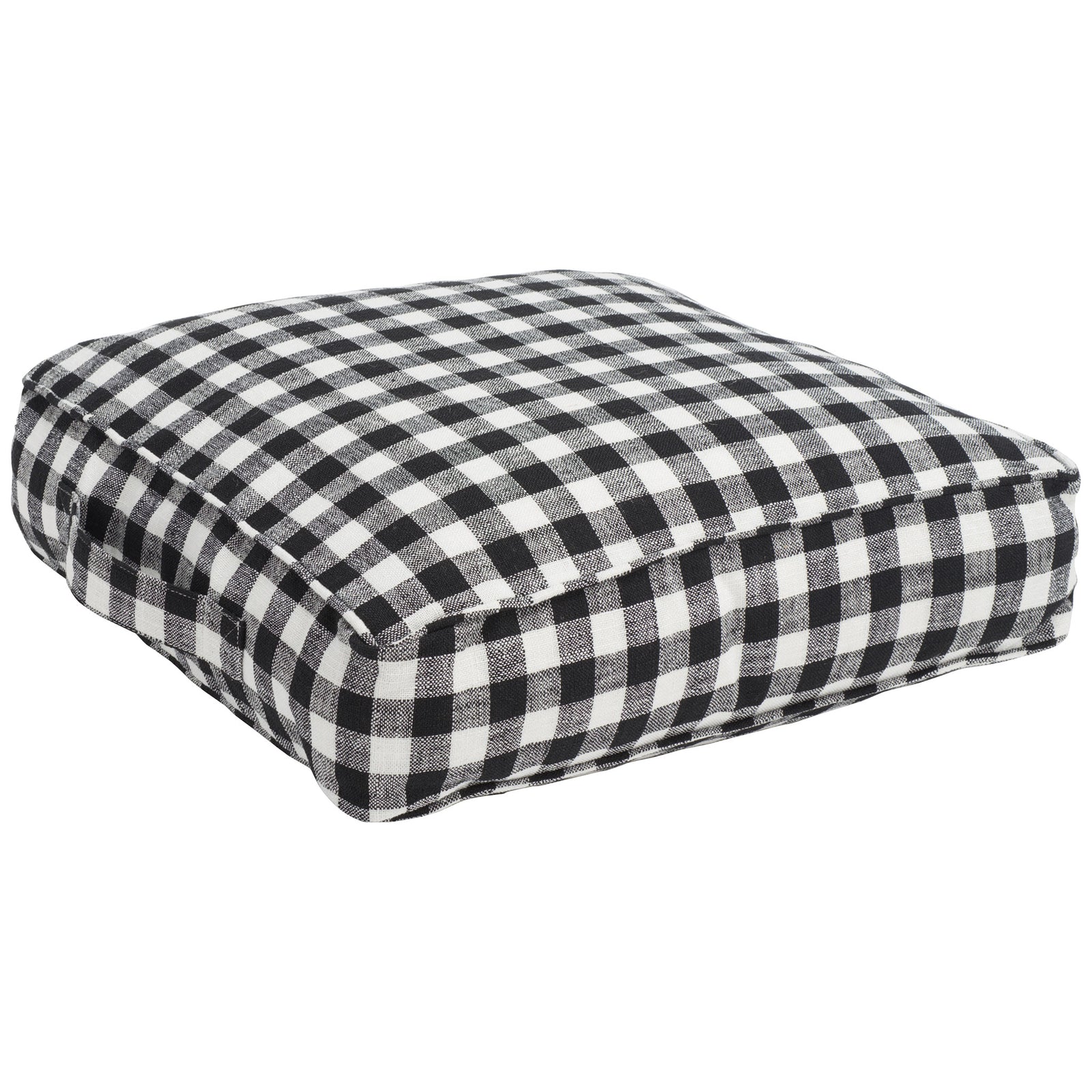 Thick cushioning and black-and-white checks extend across the pillow's tailored sides || FLP1019A || front_angle_studio