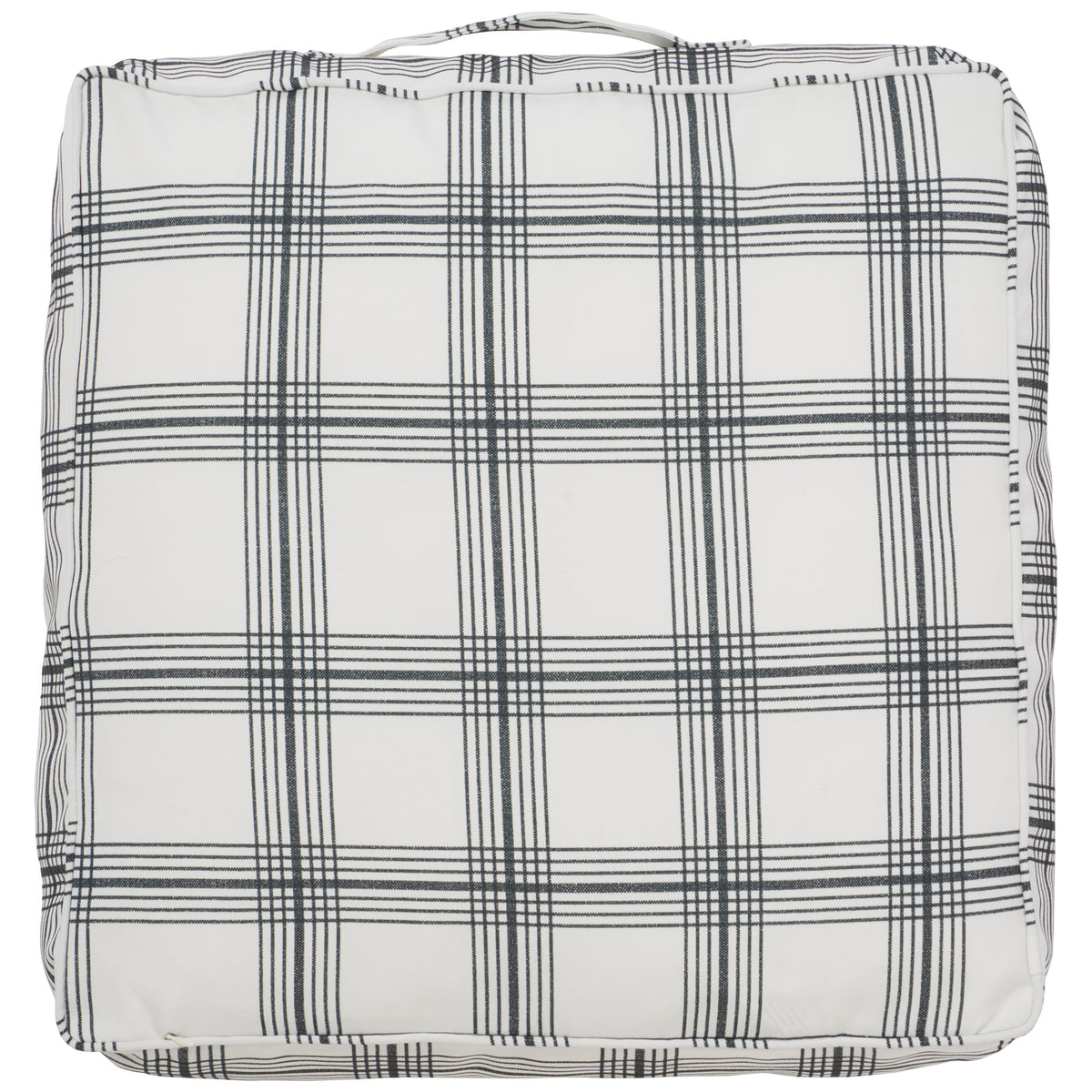 Fine charcoal lines cross the white fabric of this neatly finished square floor pillow || FLP1020A || back_studio