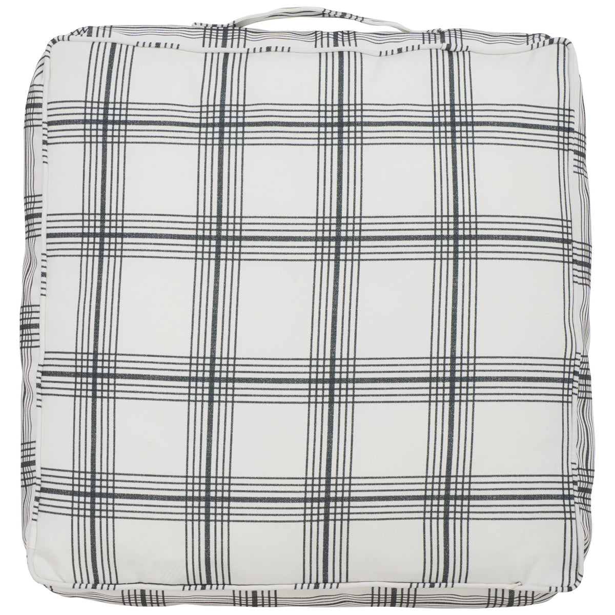 A thick square floor pillow features crisp white fabric with a striking dark plaid pattern || FLP1020A || front_studio