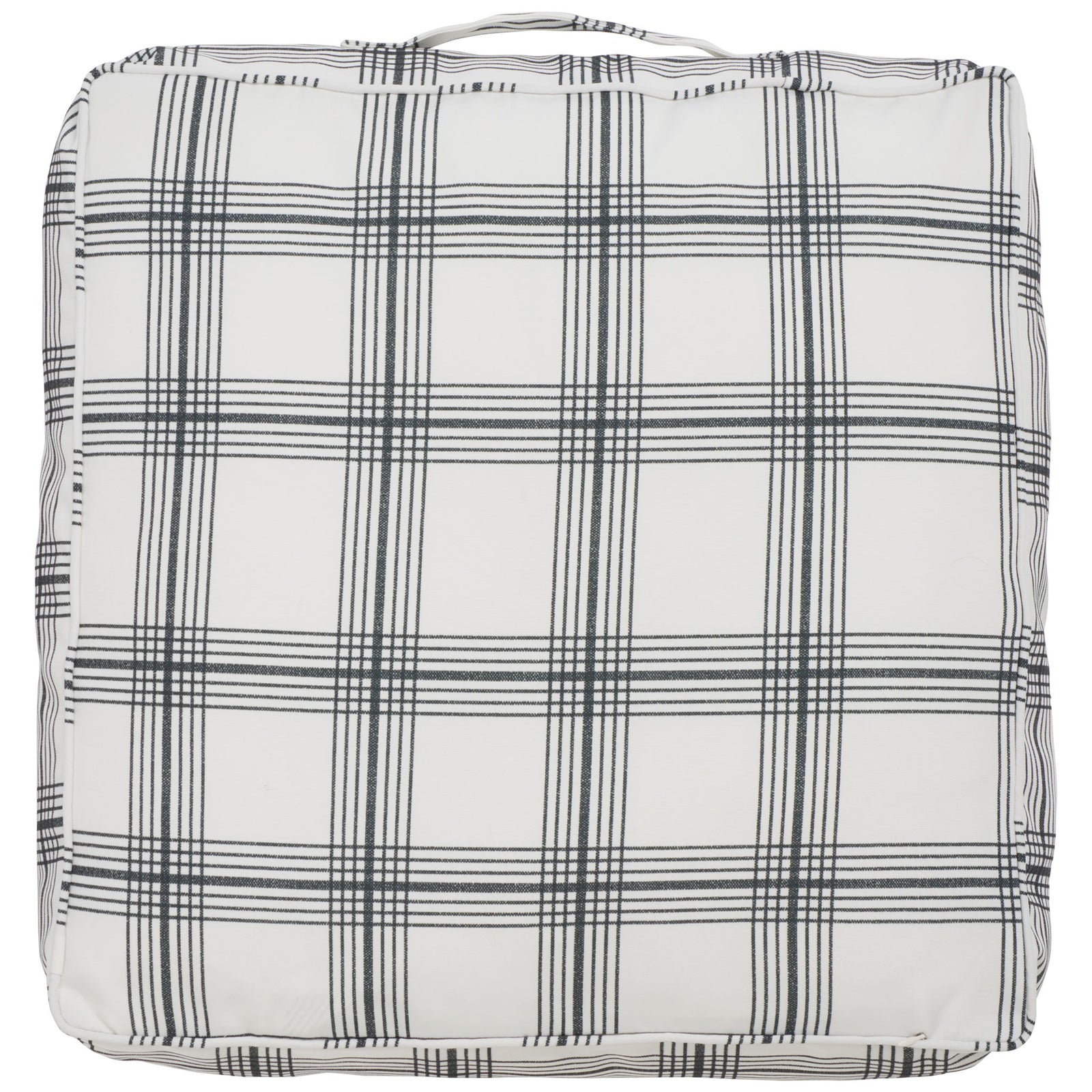 A thick square floor pillow features crisp white fabric with a striking dark plaid pattern || FLP1020A || front_studio