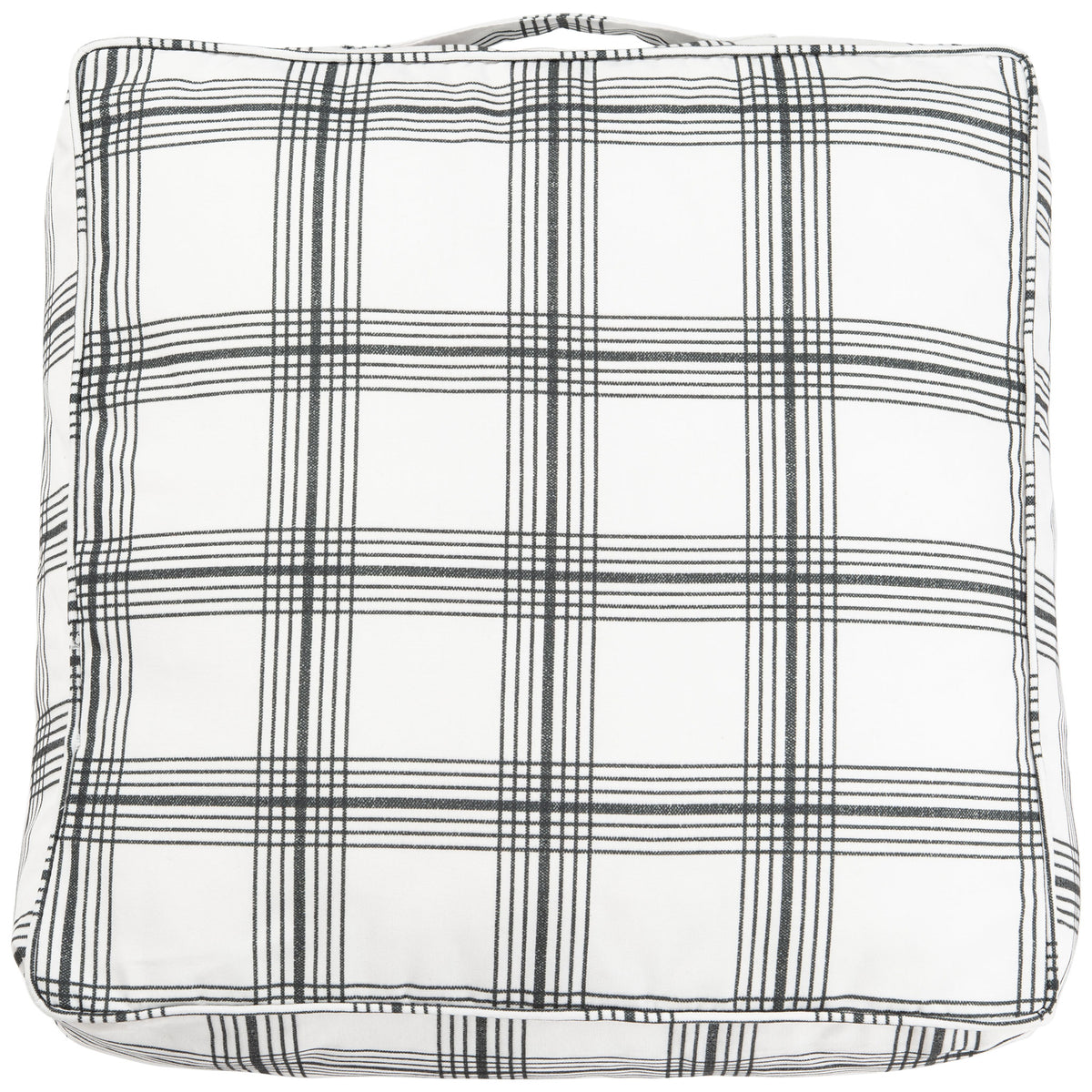 A tailored square floor pillow brings timeless dark plaid to a bright white backdrop || FLP1020A || back_studio