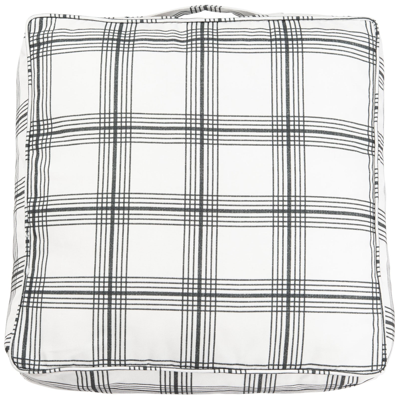 A tailored square floor pillow brings timeless dark plaid to a bright white backdrop || FLP1020A || back_studio