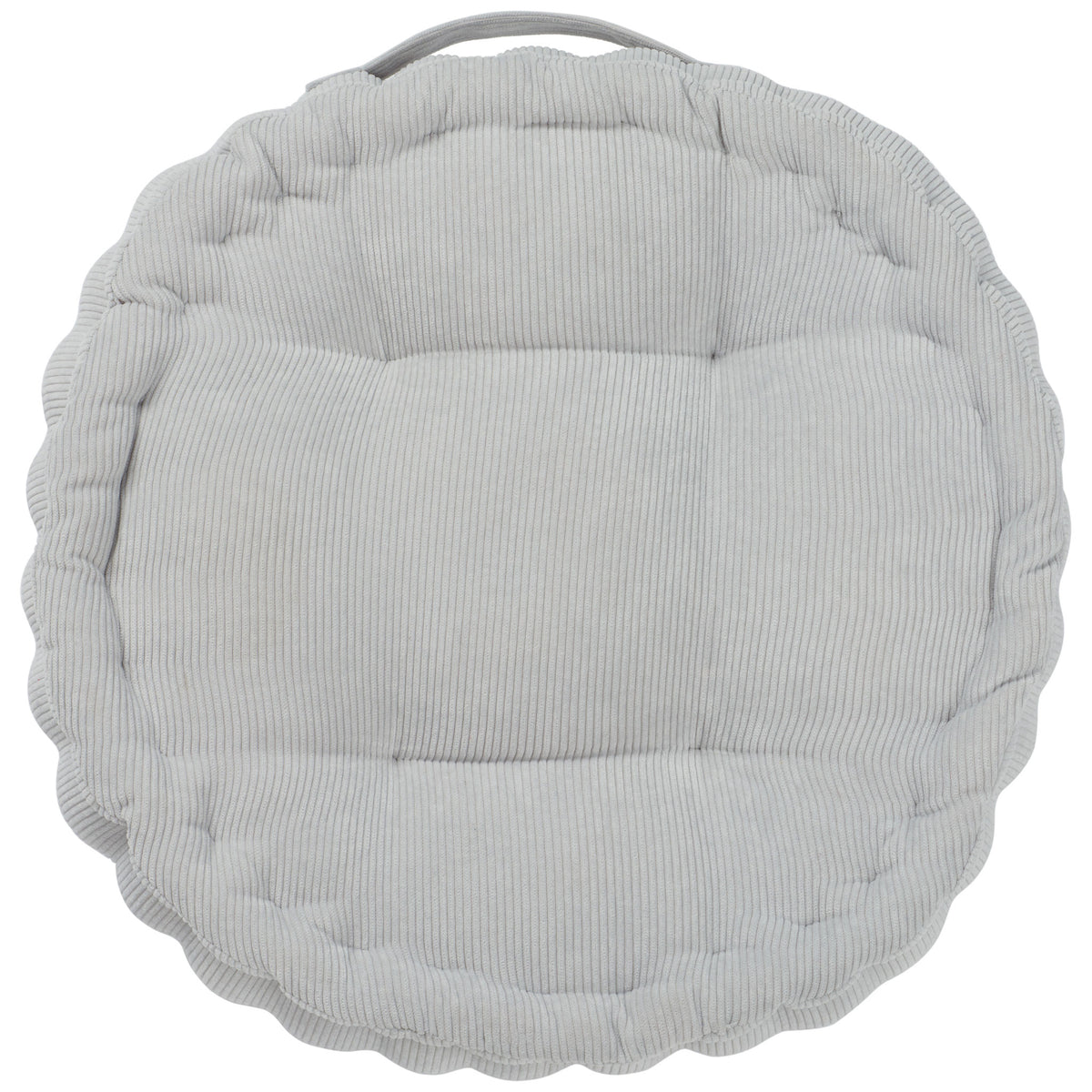 Soft silver floor pillow with round tufting, ribbed texture and a carrying handle || FLP1021B || back_studio