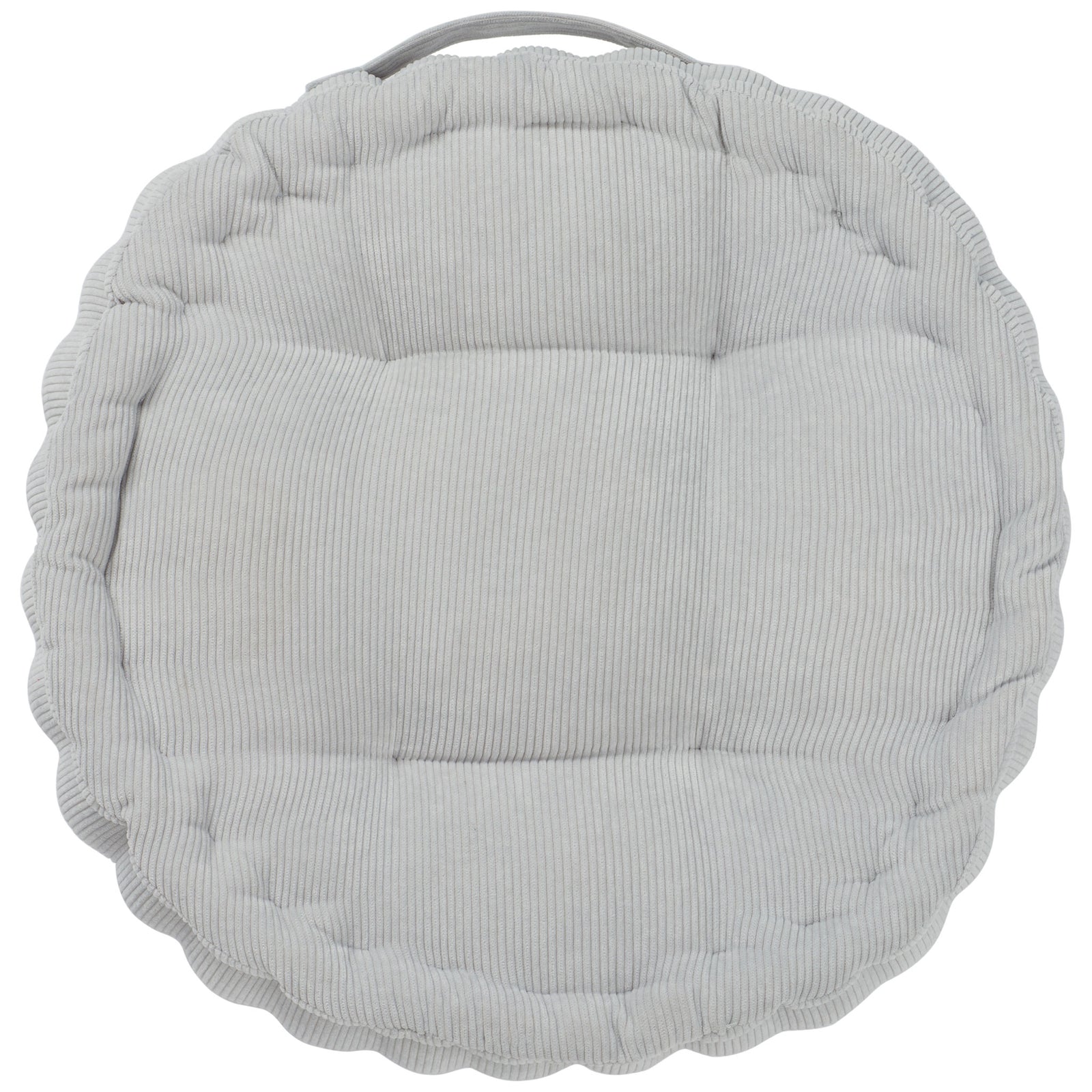 Soft silver floor pillow with round tufting, ribbed texture and a carrying handle || FLP1021B || back_studio