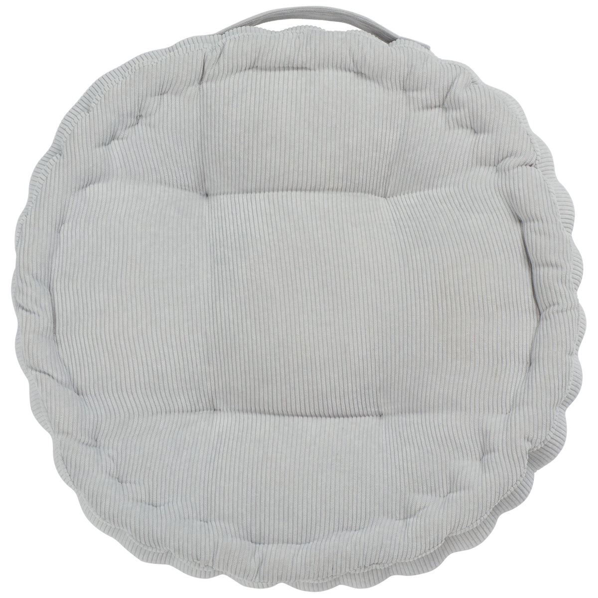 Plush silver floor pillow with a scalloped edge, channeled tufting and a carrying handle || FLP1021B || front_studio