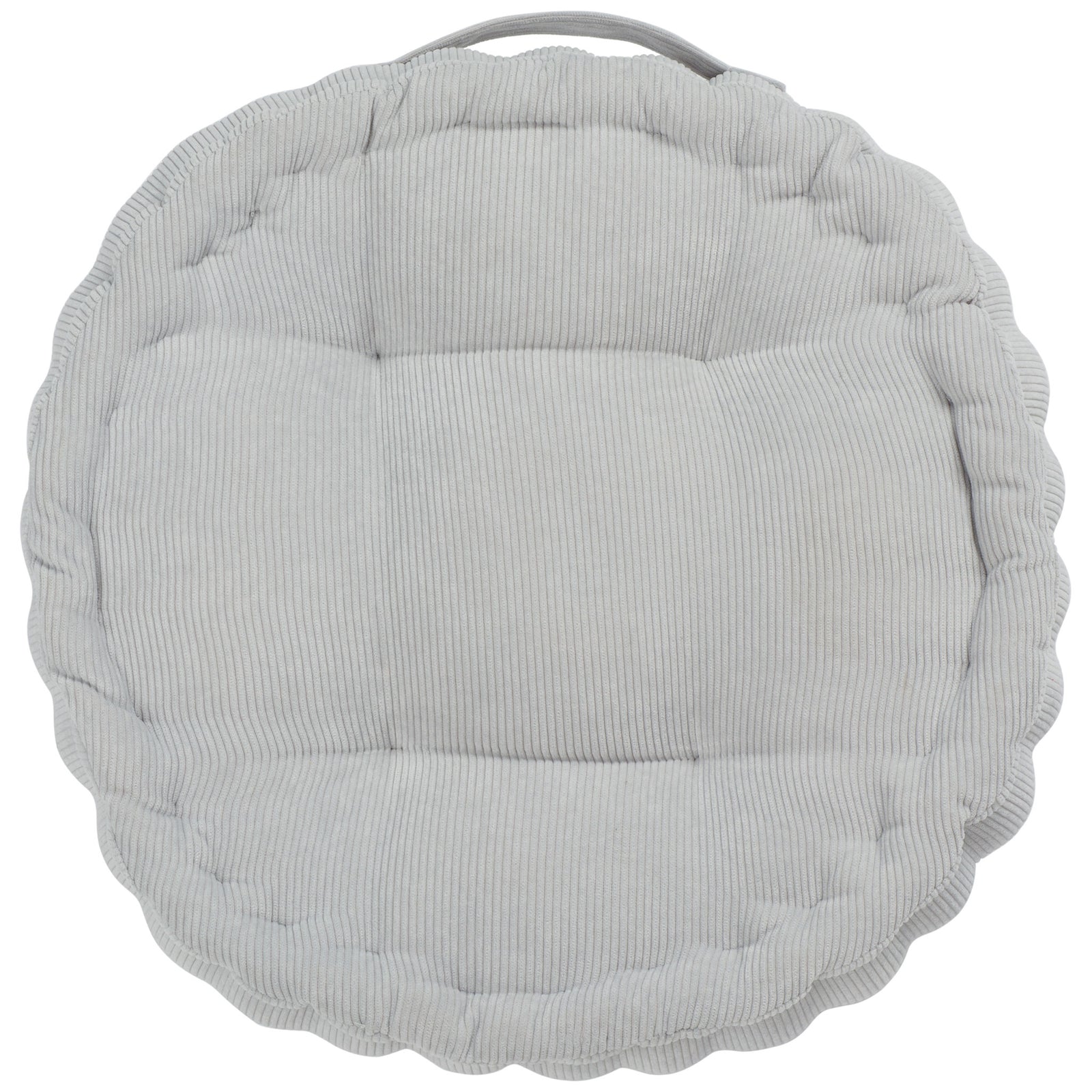 Plush silver floor pillow with a scalloped edge, channeled tufting and a carrying handle || FLP1021B || front_studio
