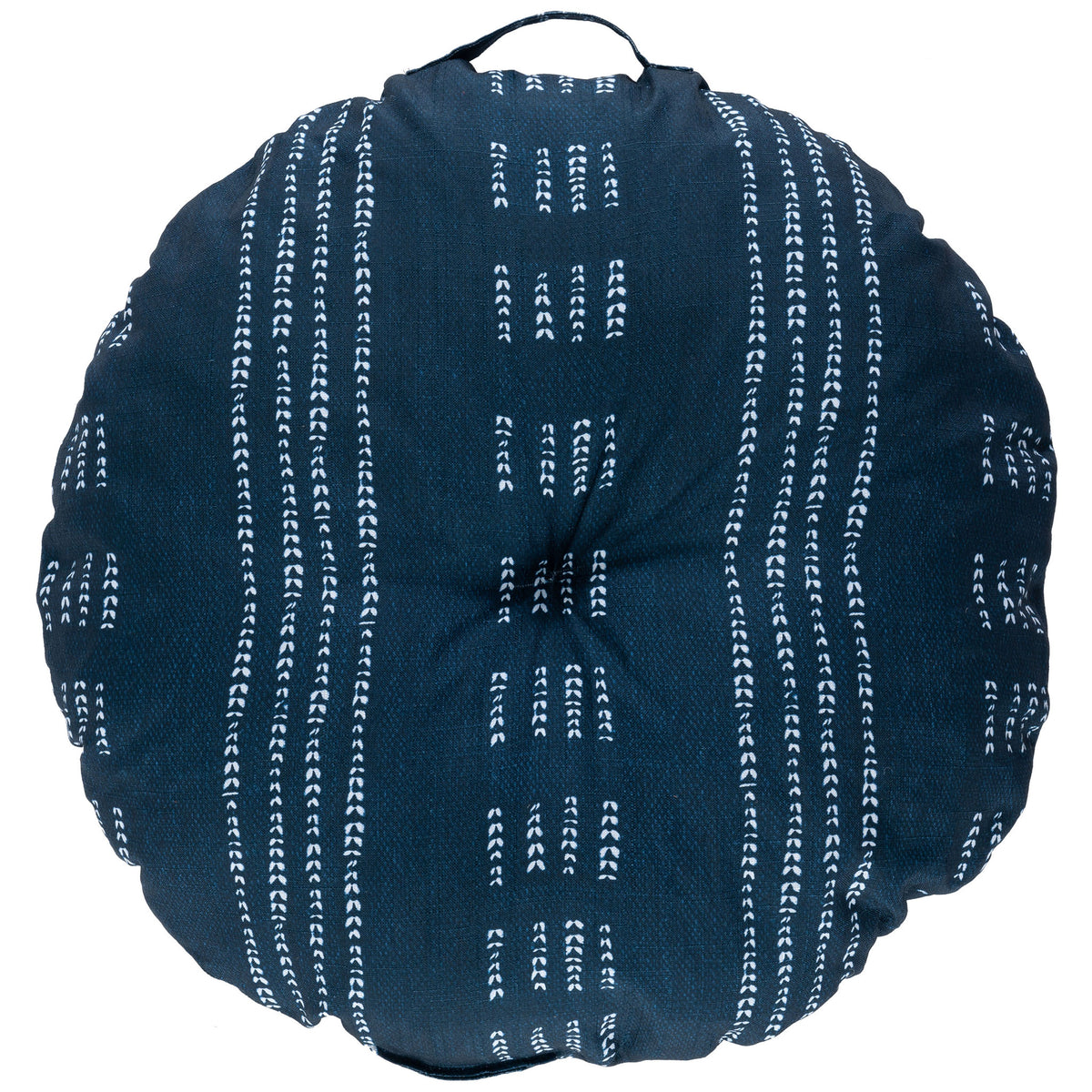 A plush round floor pillow pairs navy fabric with ivory dashed stripes and a soft center tuft. || FLP1023A-2626 || front_studio