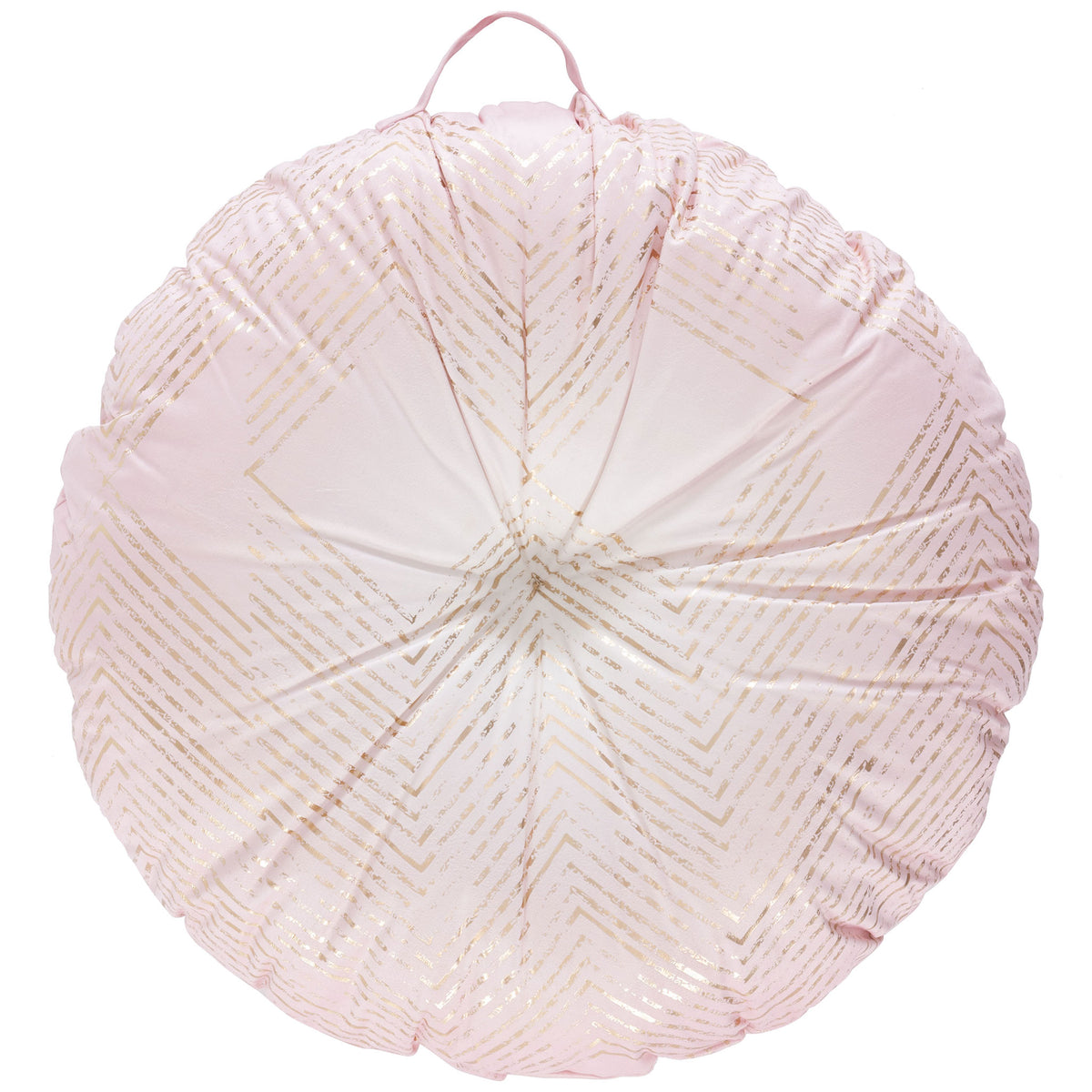 Soft pink floor pillow with gold chevrons, a gathered center, and a carry loop || FLP1024A-2626RD || back_studio