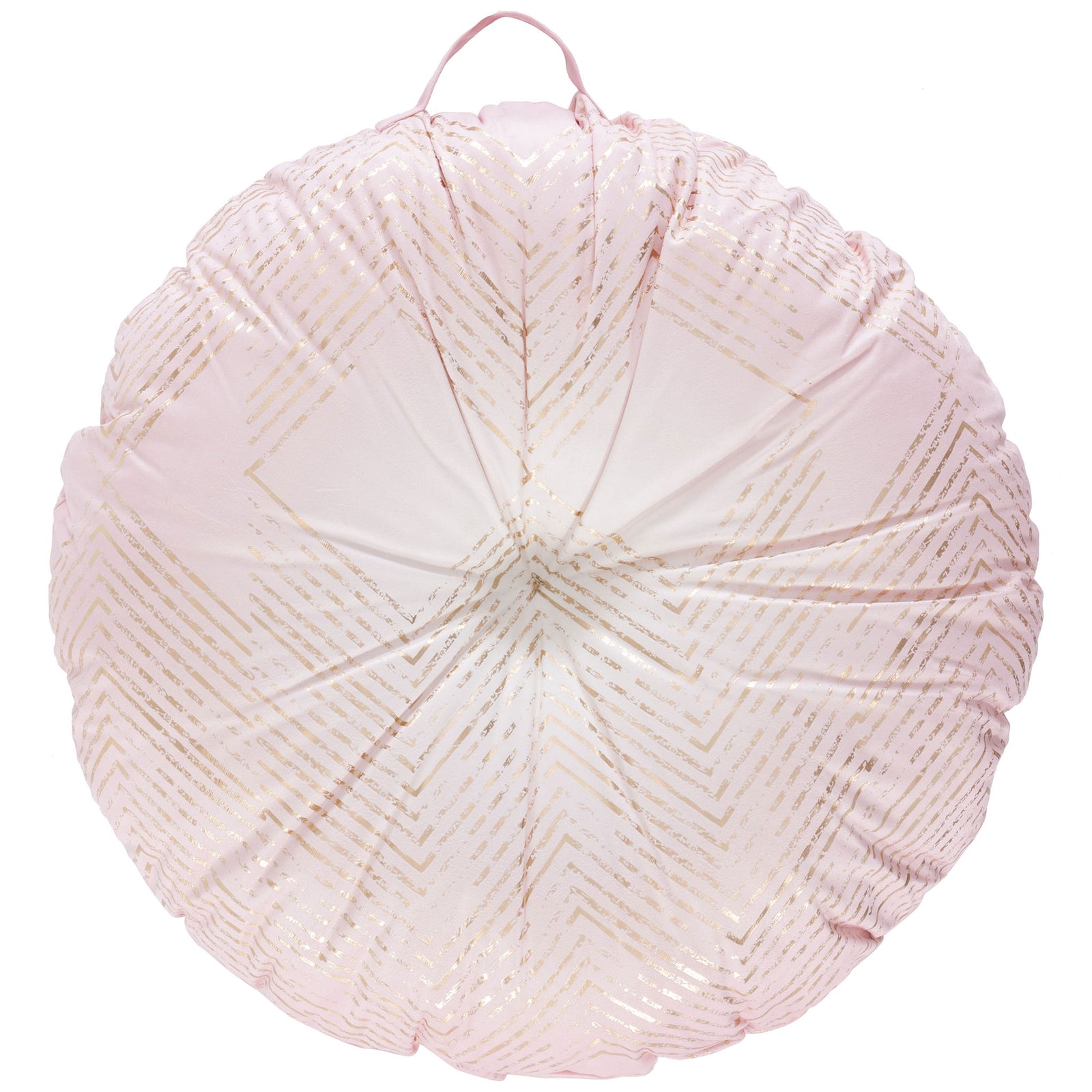 Round pink floor cushion with gold geometric lines and a deep tufted center || FLP1024A-2626RD || front_studio
