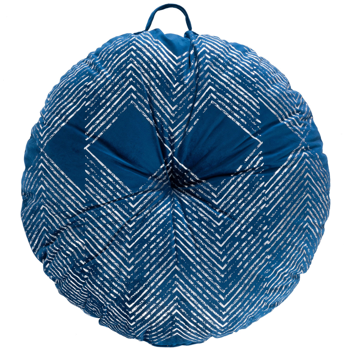 Tufted navy floor pillow with gleaming silver zigzags across its round surface || FLP1024B-2626RD || front_studio