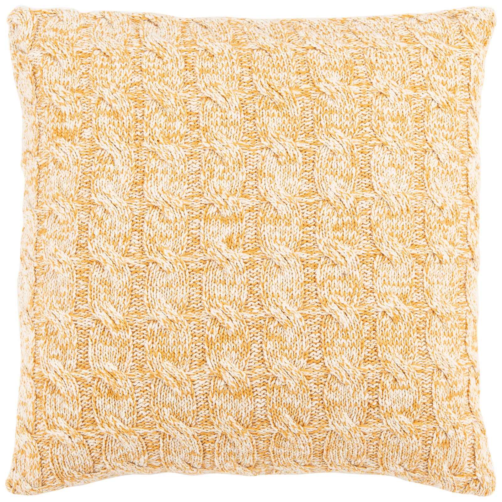 Mustard and cream floor pillow with a richly textured cable-knit pattern and plush square shape || FLP3000A || front_studio