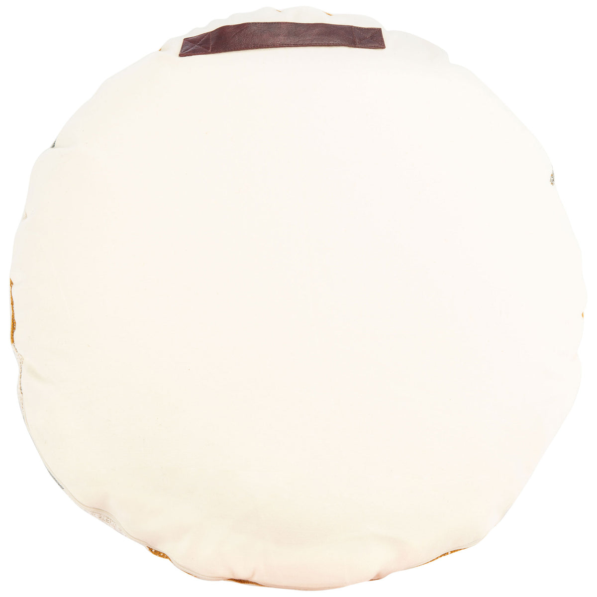 Plain cream backing with a dark brown strap makes this round floor pillow easy to carry || FLP3001A || back_studio