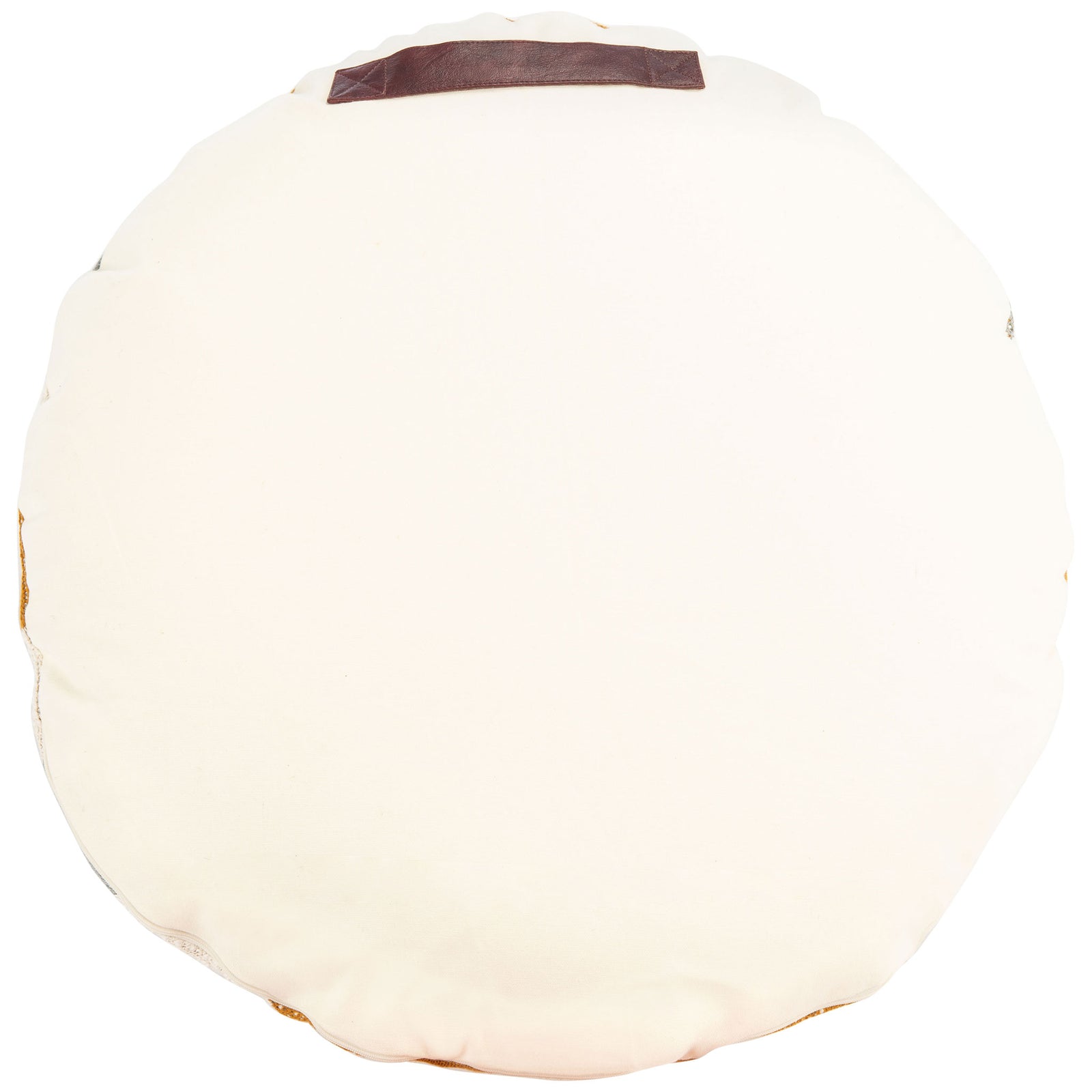 Plain cream backing with a dark brown strap makes this round floor pillow easy to carry || FLP3001A || back_studio