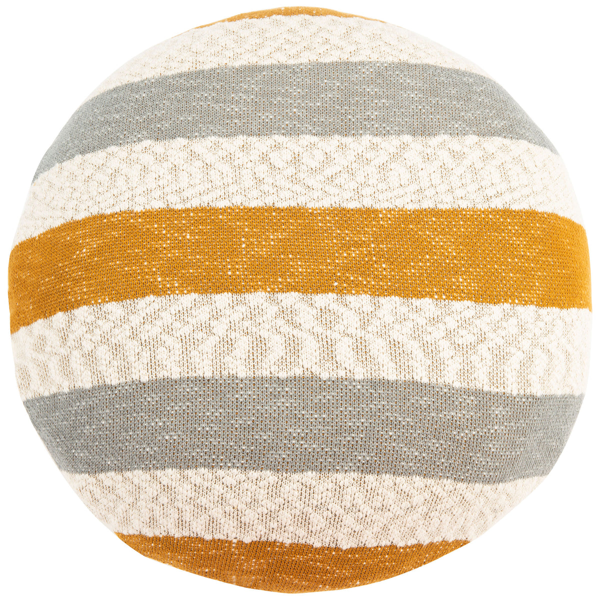 Mustard and gray stripes alternate with textured cream bands on this round floor pillow || FLP3001A || front_studio