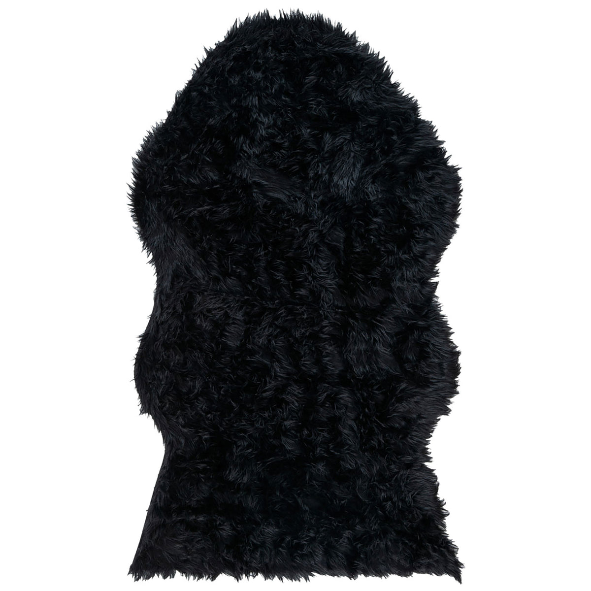 Black faux sheepskin pelt rug with long fluffy fibers and an irregular silhouette