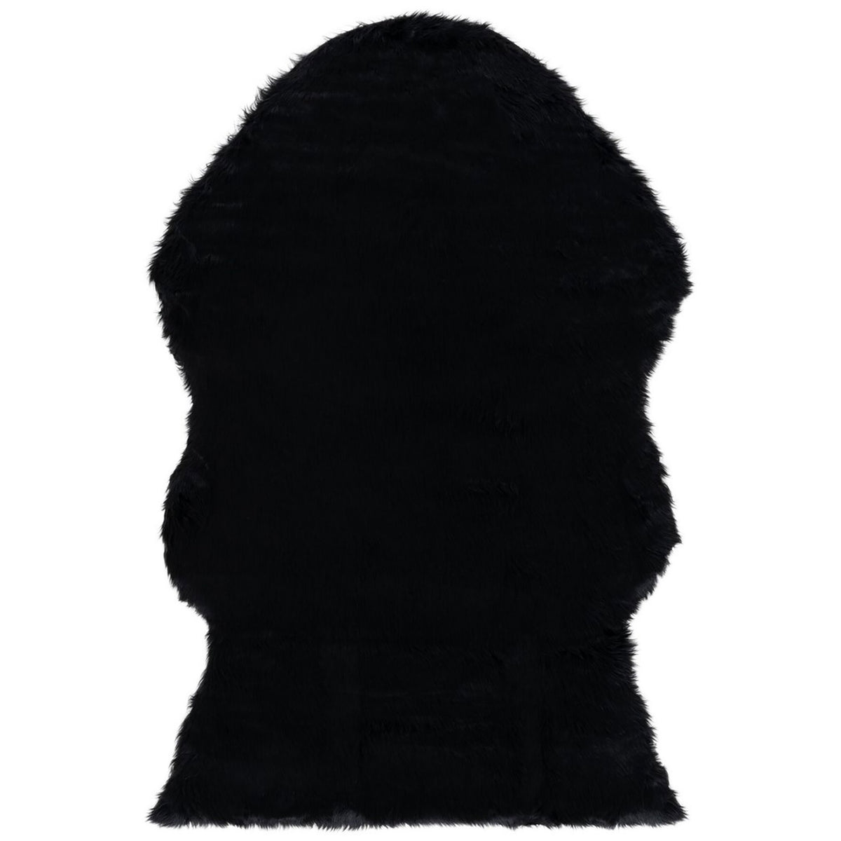 Black faux sheepskin pelt rug with dense long fibers and an organic tapered outline || FSS115B-4 || top_studio