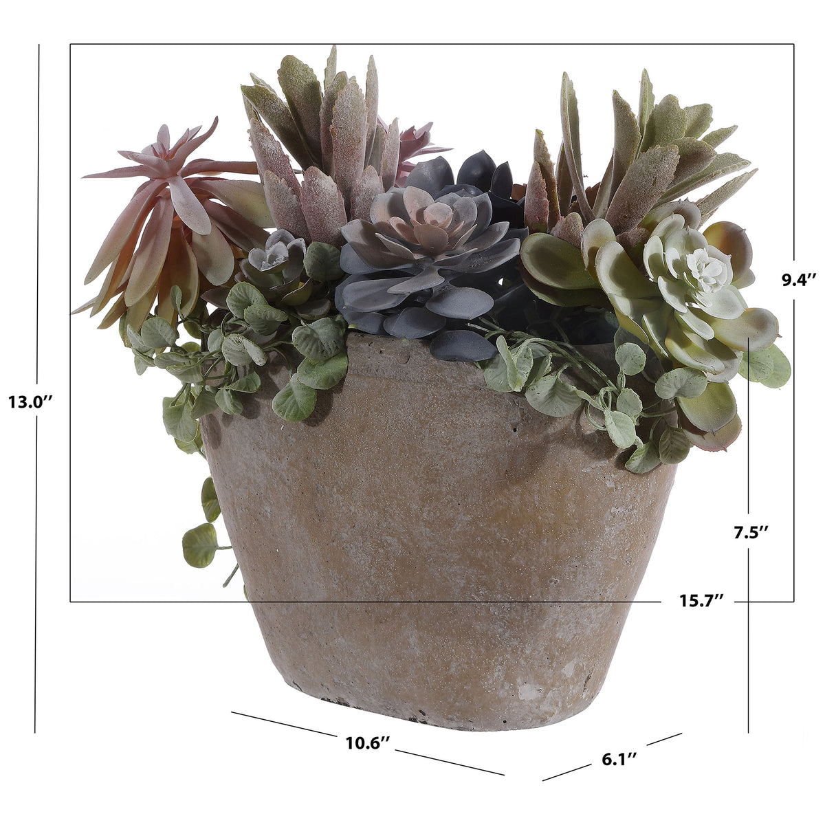 A mixed succulent arrangement rises about 13 inches from an earthy pot. || FXP1010A || dimension_studio