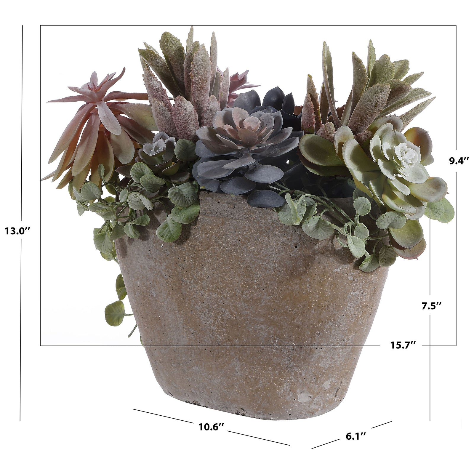 A mixed succulent arrangement rises about 13 inches from an earthy pot. || FXP1010A || dimension_studio