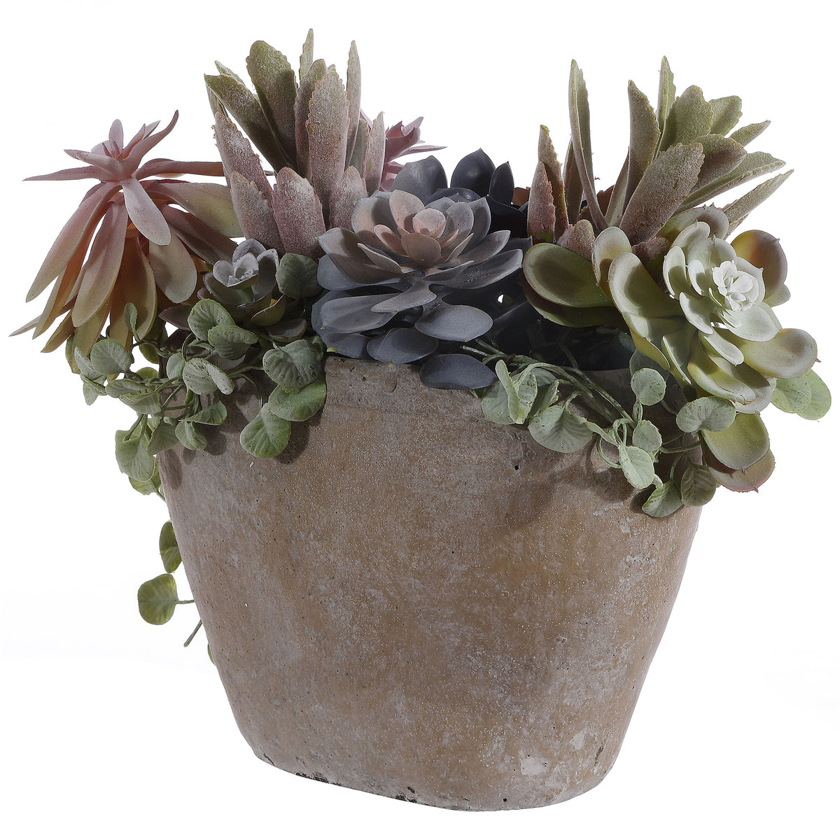 Green and mauve succulents cluster in a textured brown planter. || FXP1010A || front_studio