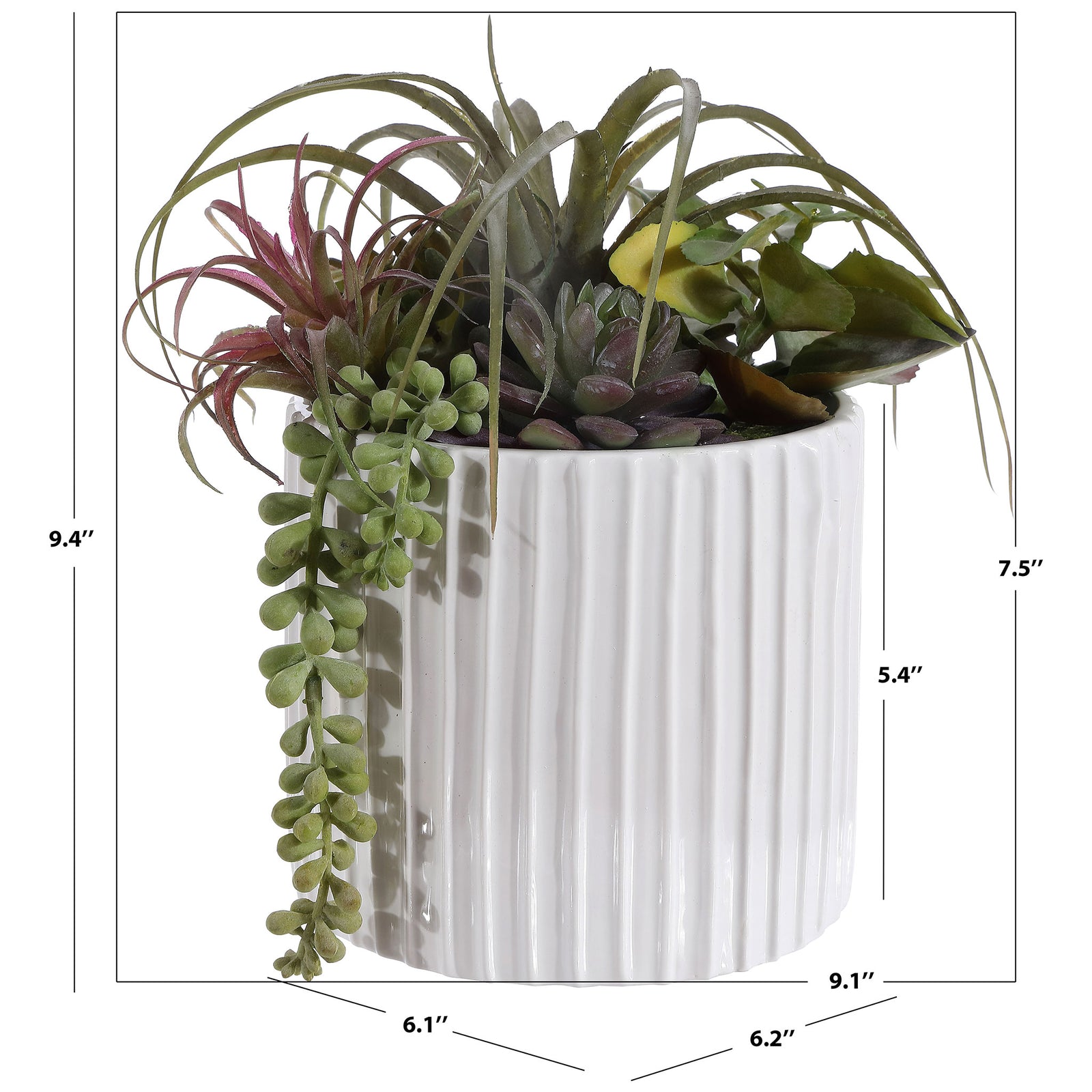 Mixed succulents rise from a ribbed white pot about 9 inches tall. || FXP1011A || dimension_studio
