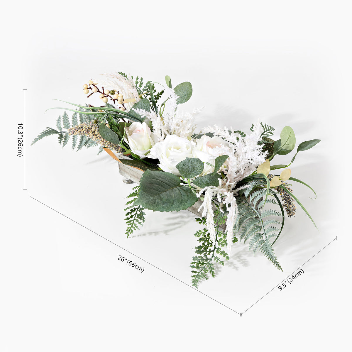 A low floral arrangement stretches about 26 inches across. || FXP1013A || dimension_studio