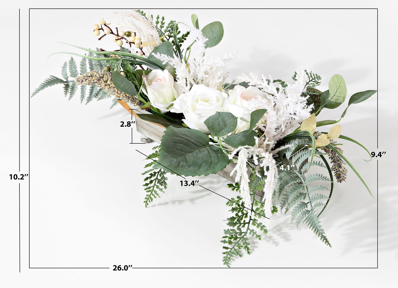 A shallow planter holds roses and trailing greenery in a 10-inch-high arrangement. || FXP1013A || dimension_studio