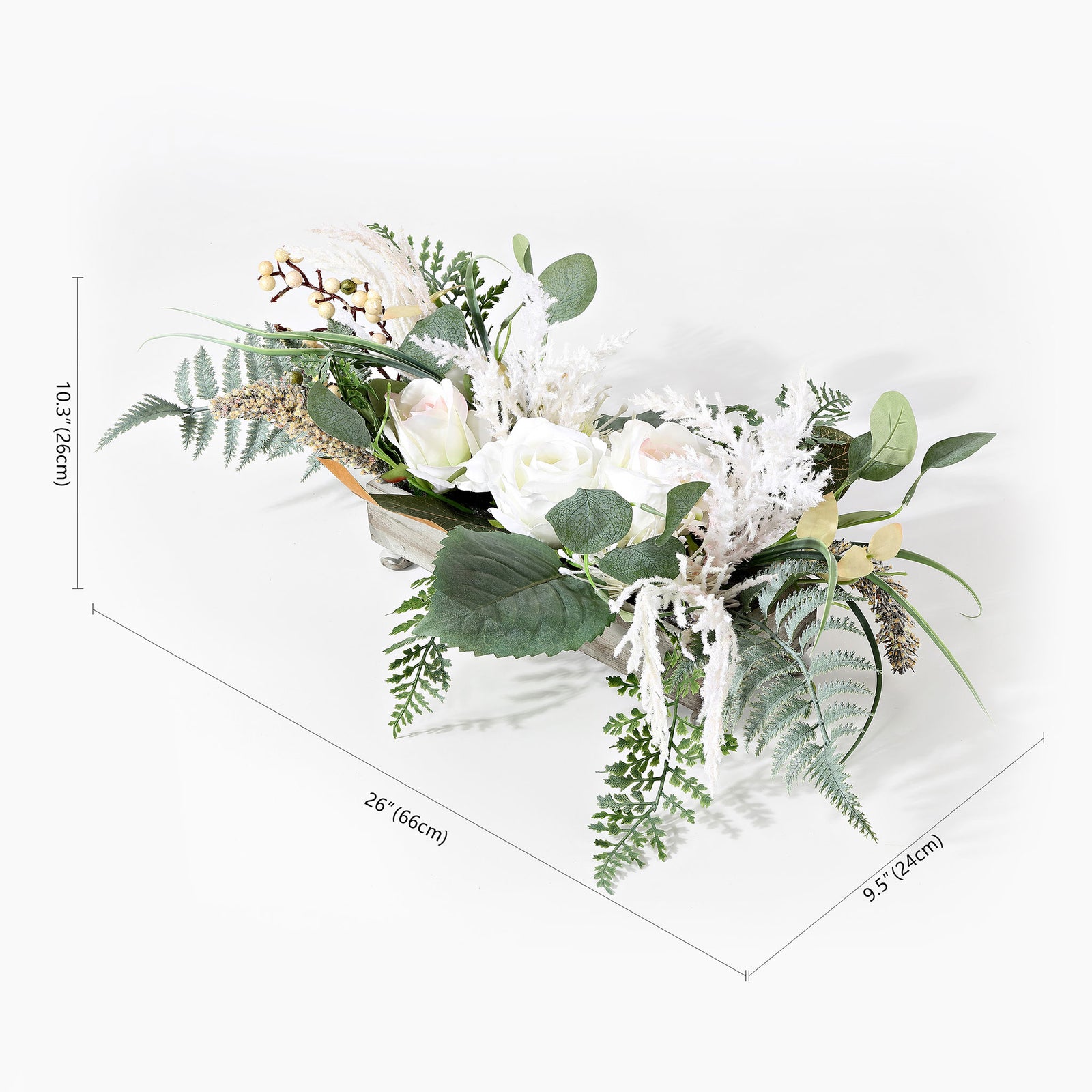 A low floral arrangement stretches about 26 inches across. || FXP1013A || dimension_studio