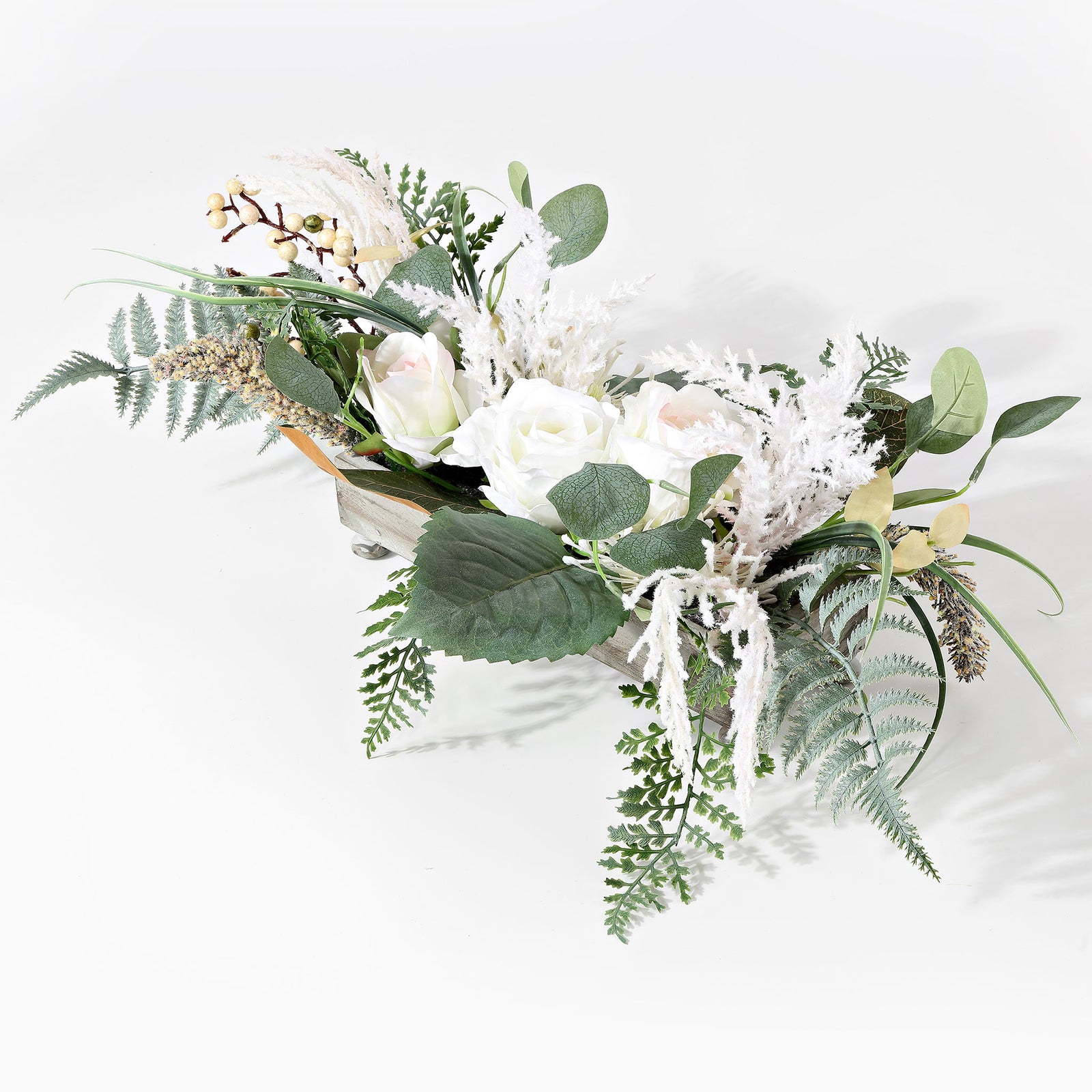 Trailing greenery frames ivory roses in a low rectangular box. || FXP1013A || front_angle_studio