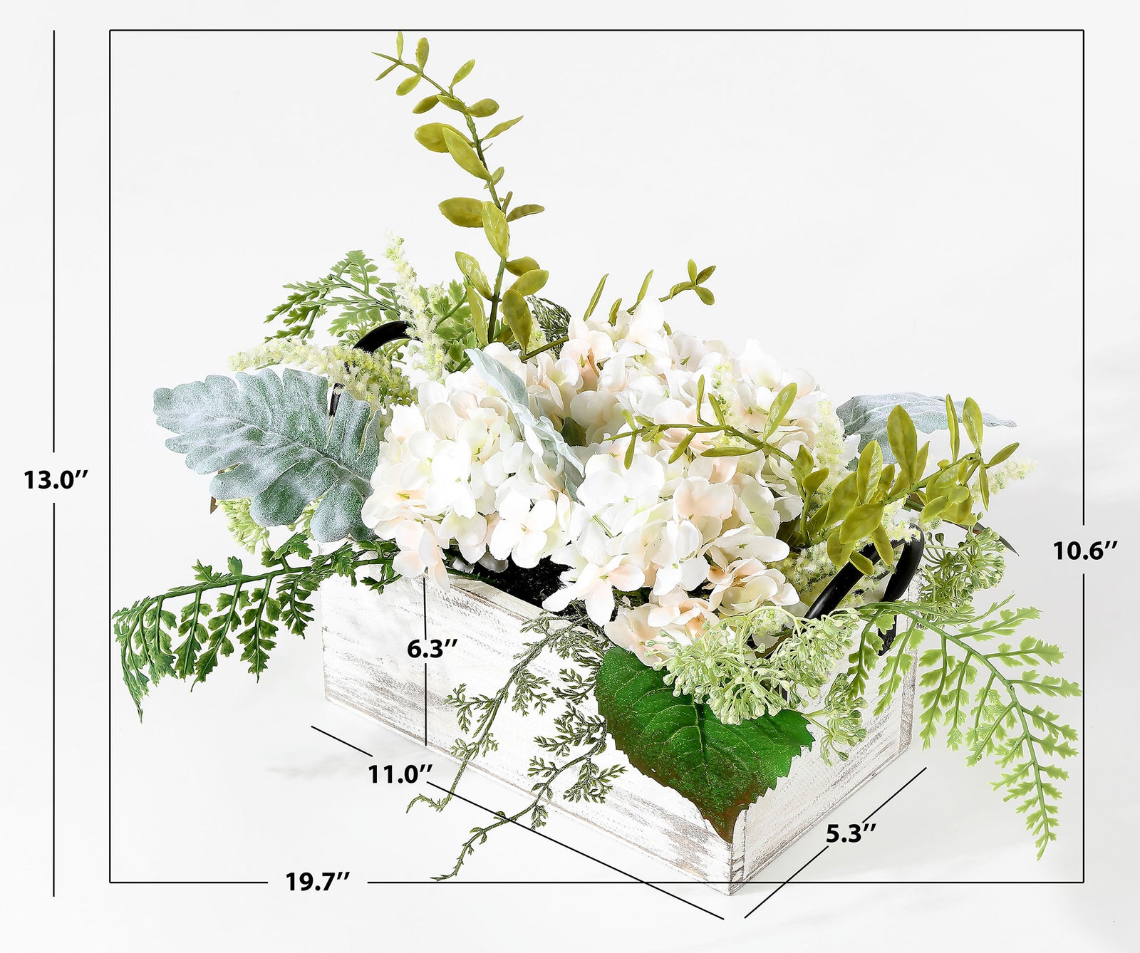 White flowers and a rectangular planter create an arrangement about 13 inches tall. || FXP1014A || dimension_studio