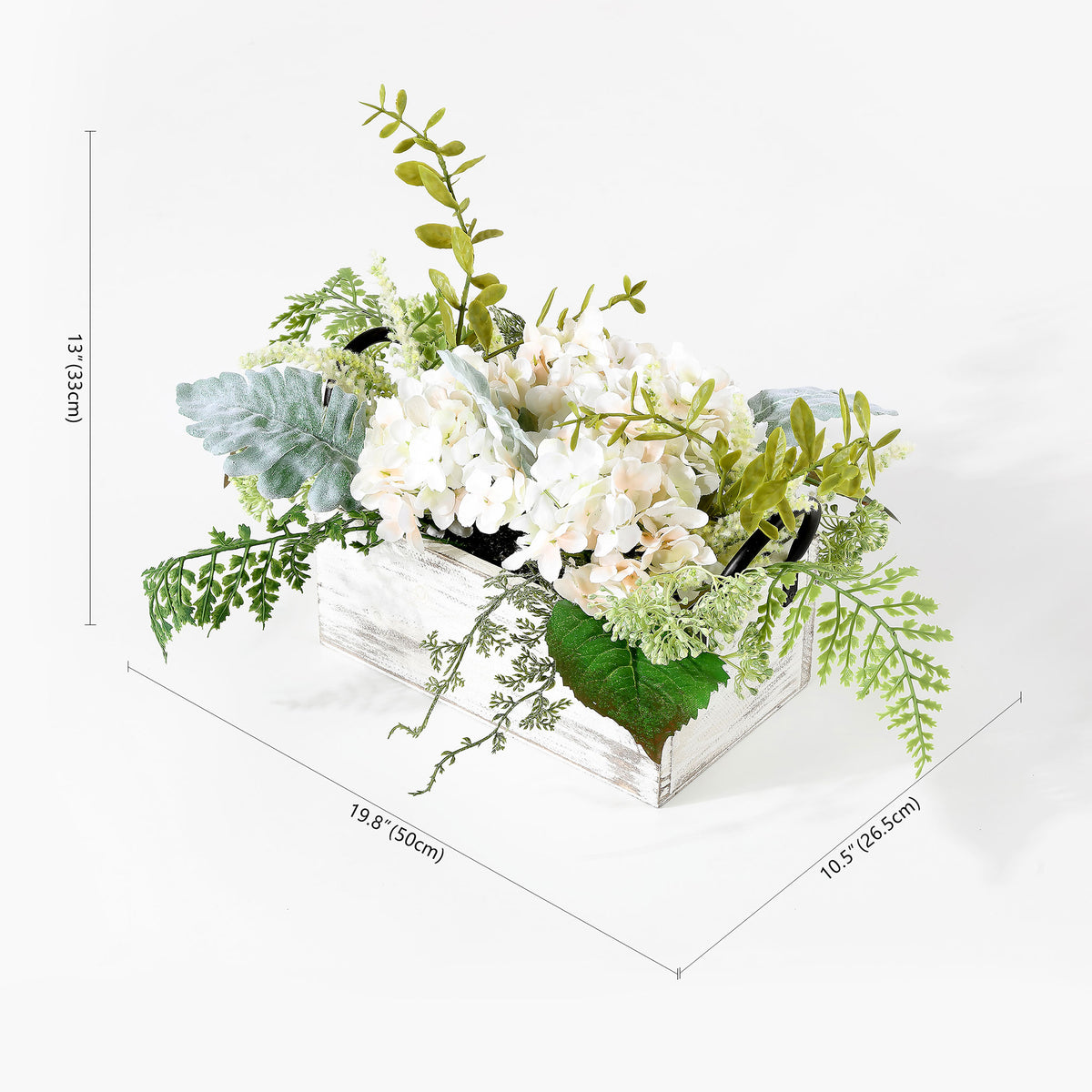 A low hydrangea arrangement stretches nearly 20 inches across. || FXP1014A || dimension_studio