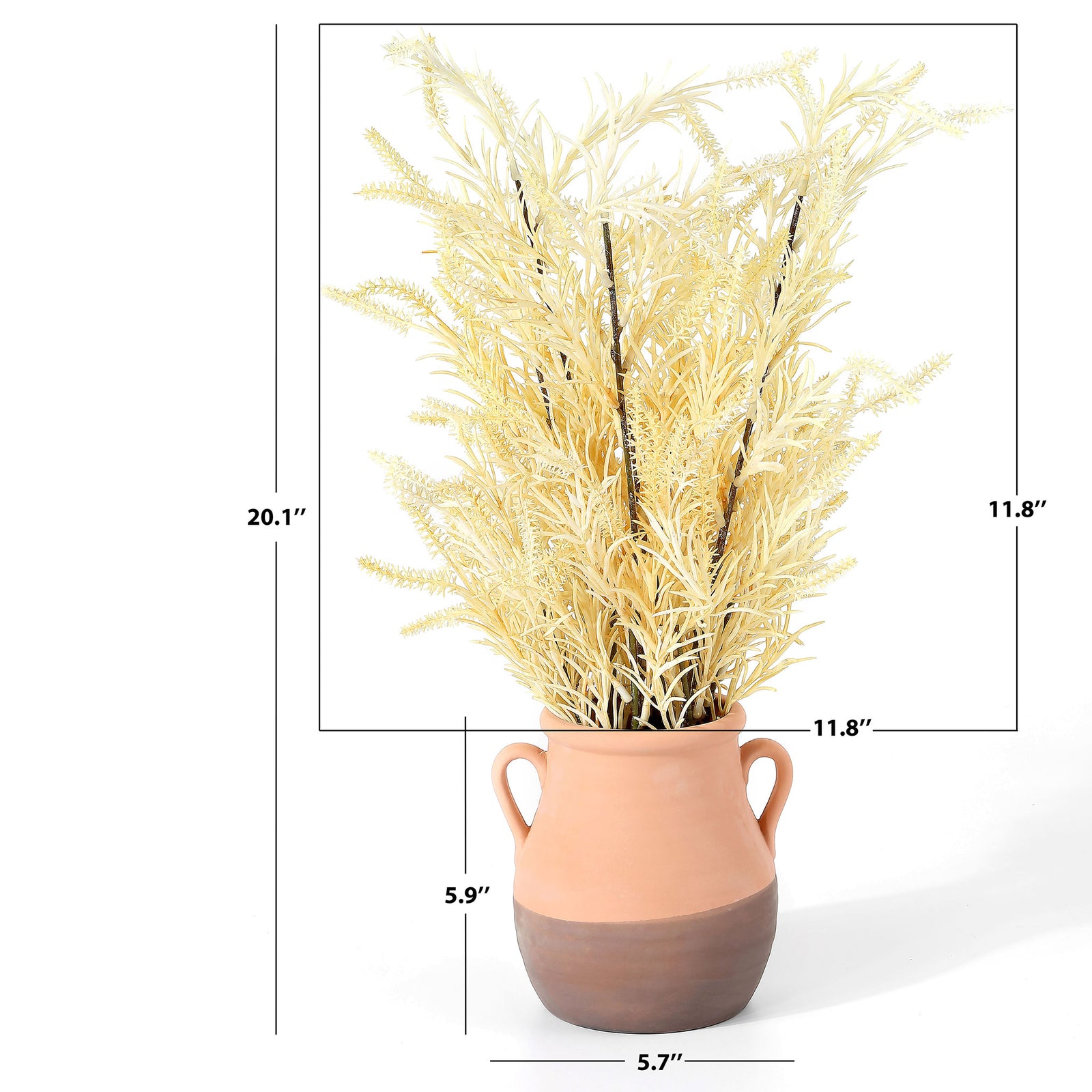 Ivory foliage rises above a handled ceramic pot with a two-tone finish. || FXP1020A || dimension_studio