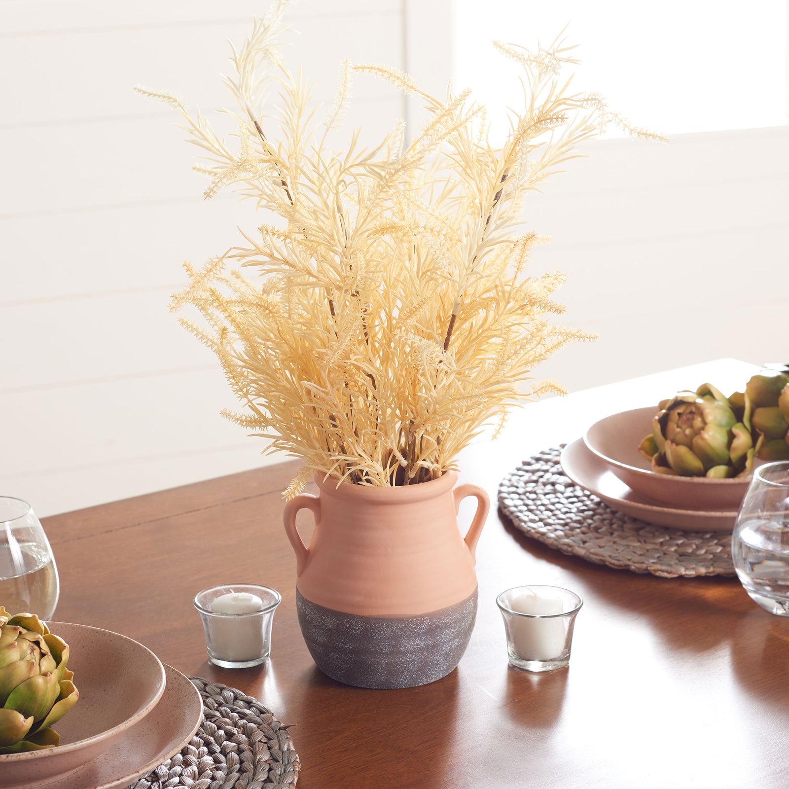 A pale wheat-inspired arrangement lends soft color to a dining table. || FXP1020A || front_room