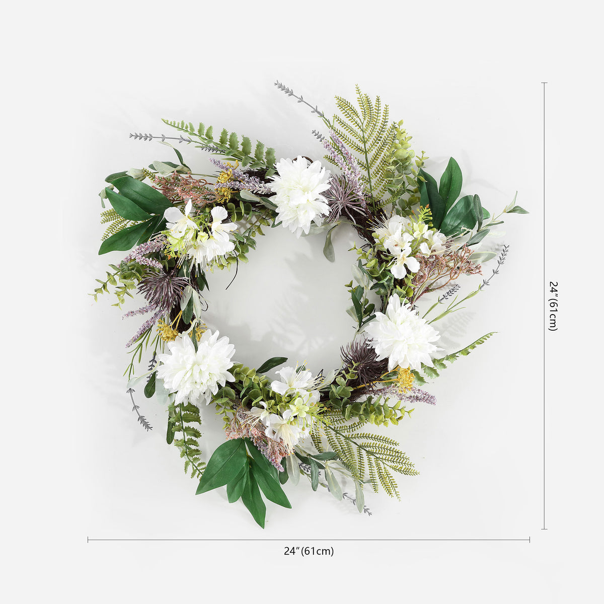 A 24-inch wreath balances white dahlias with leafy green accents. || FXP1028A || dimension_studio