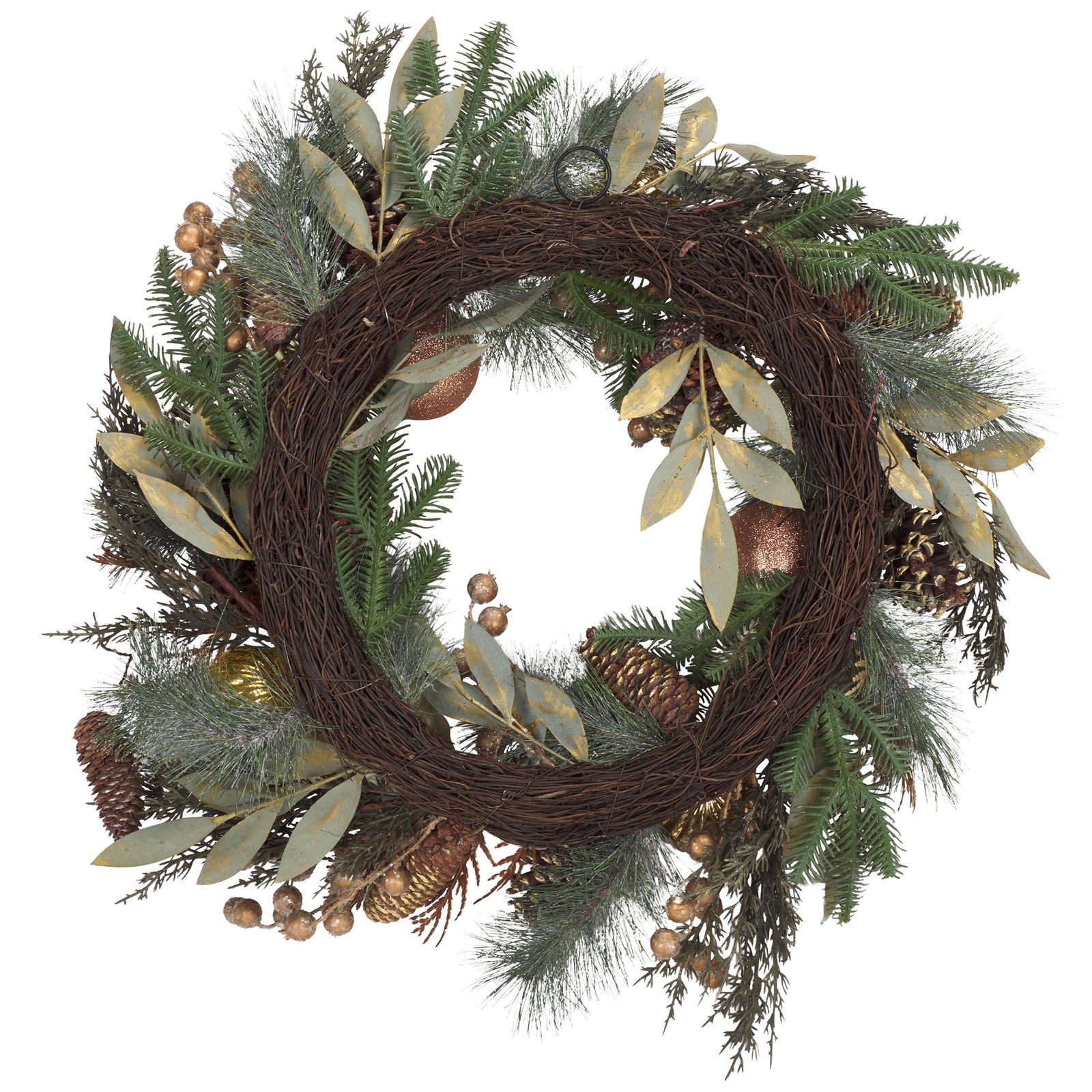The twig backing supports pine branches and gold holiday decorations. || FXP1033A || back_studio