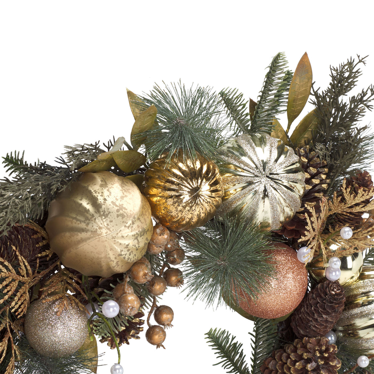 Metallic gold baubles mingle with pine cones and fine evergreen needles. || FXP1033A || detail_studio