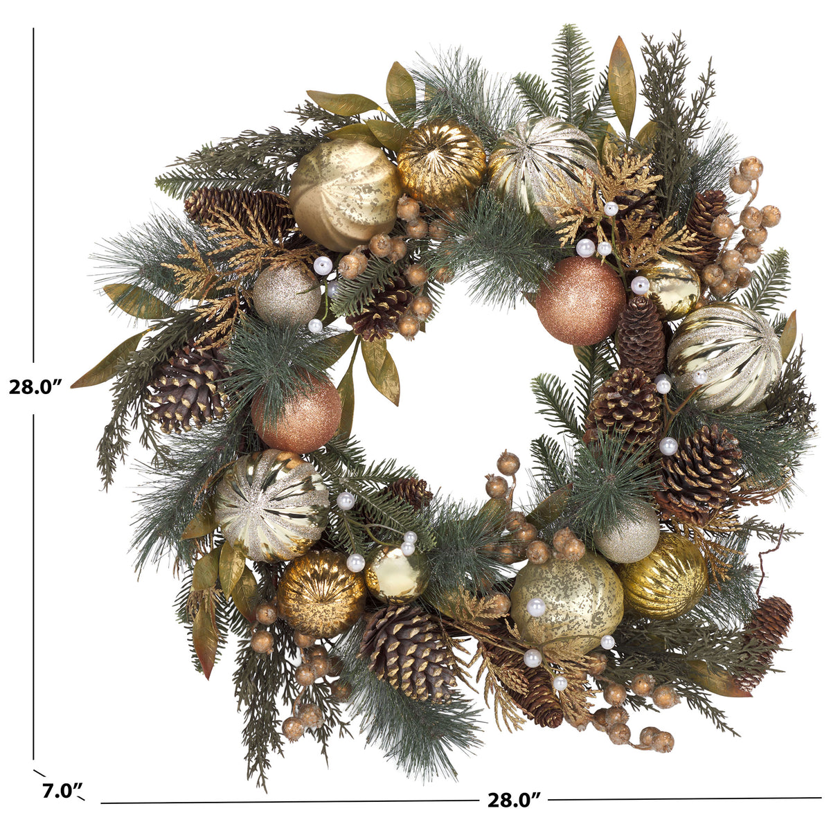 A 28-inch wreath pairs pine foliage with gold ornaments and pine cones. || FXP1033A || dimension_studio