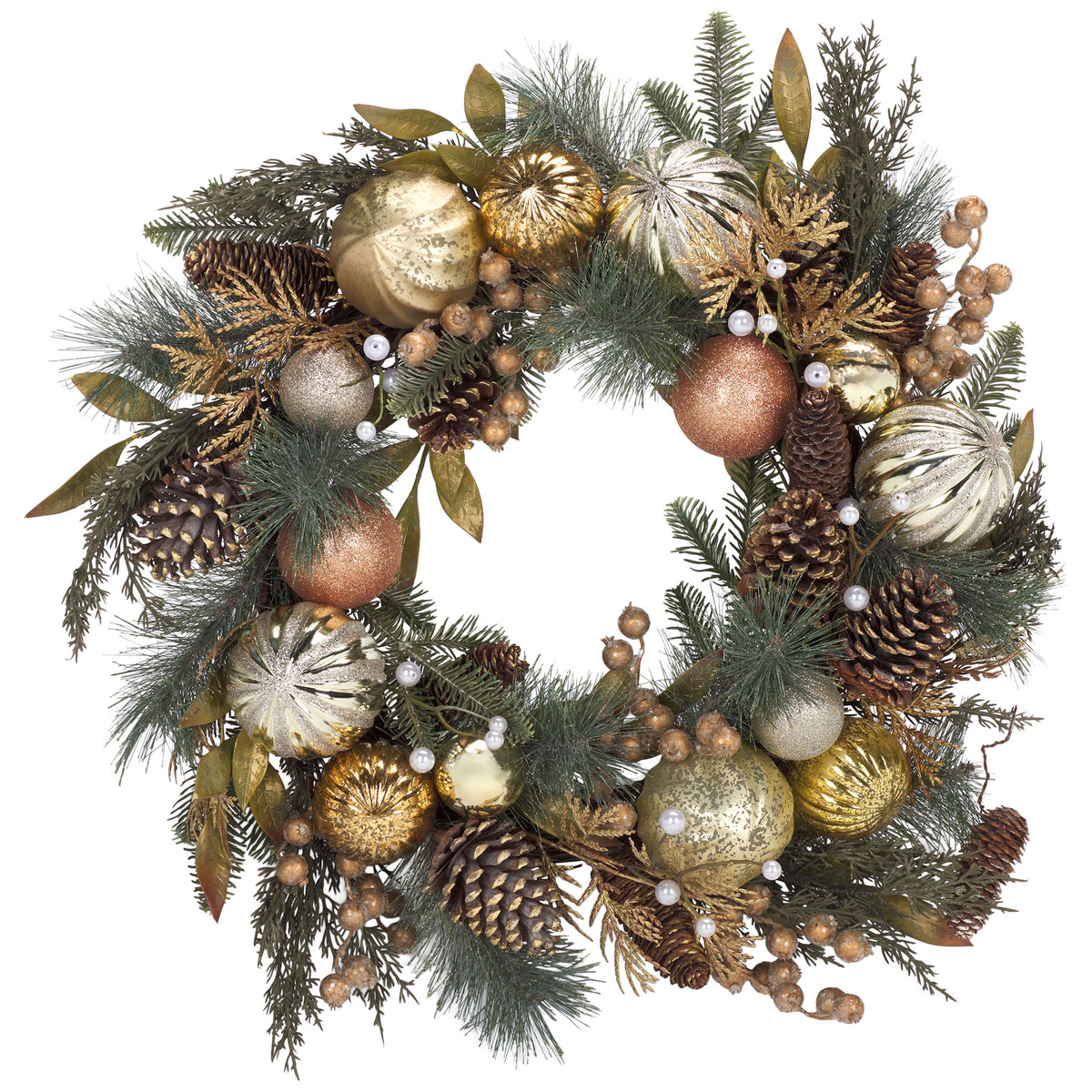 Gold and champagne ornaments shine among greenery and natural pine cones. || FXP1033A || front_studio