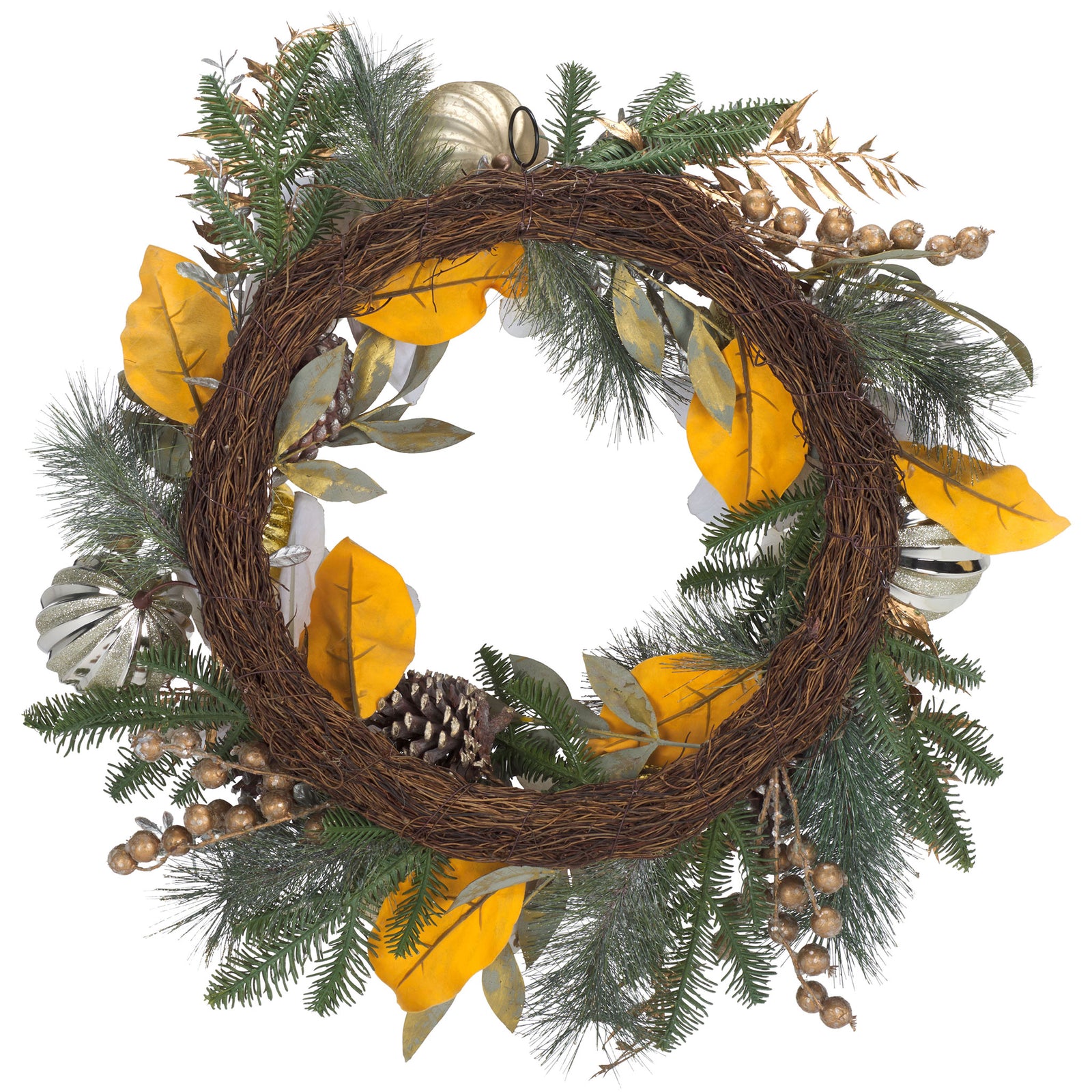 A sturdy twig ring supports pine greenery and golden decorations. || FXP1034A || back_studio