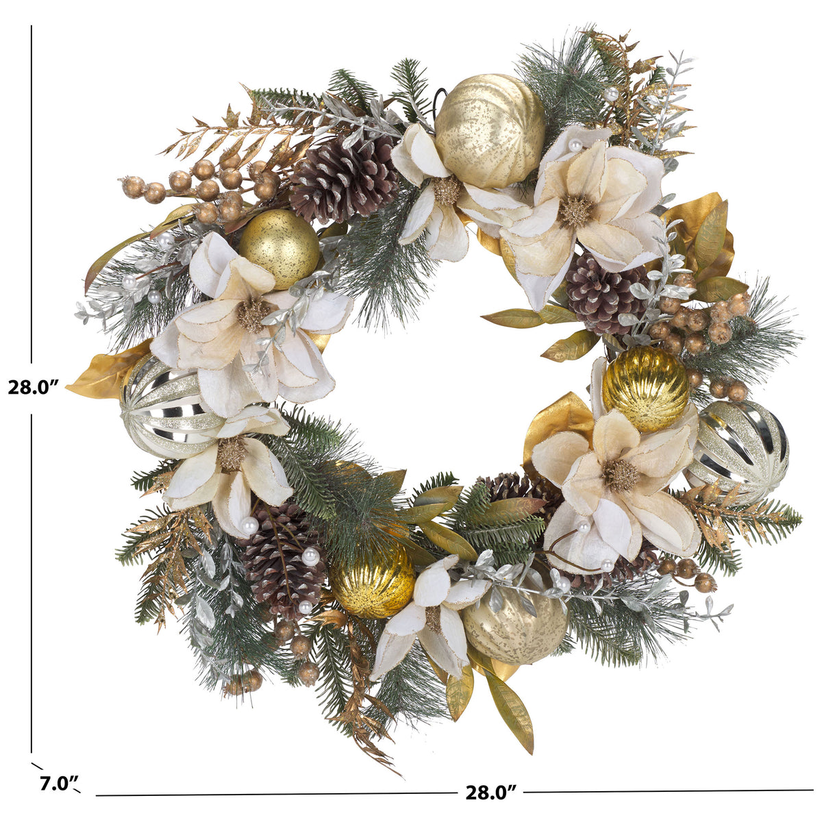A 28-inch wreath combines pine needles, pale flowers, and gold ornaments. || FXP1034A || dimension_studio