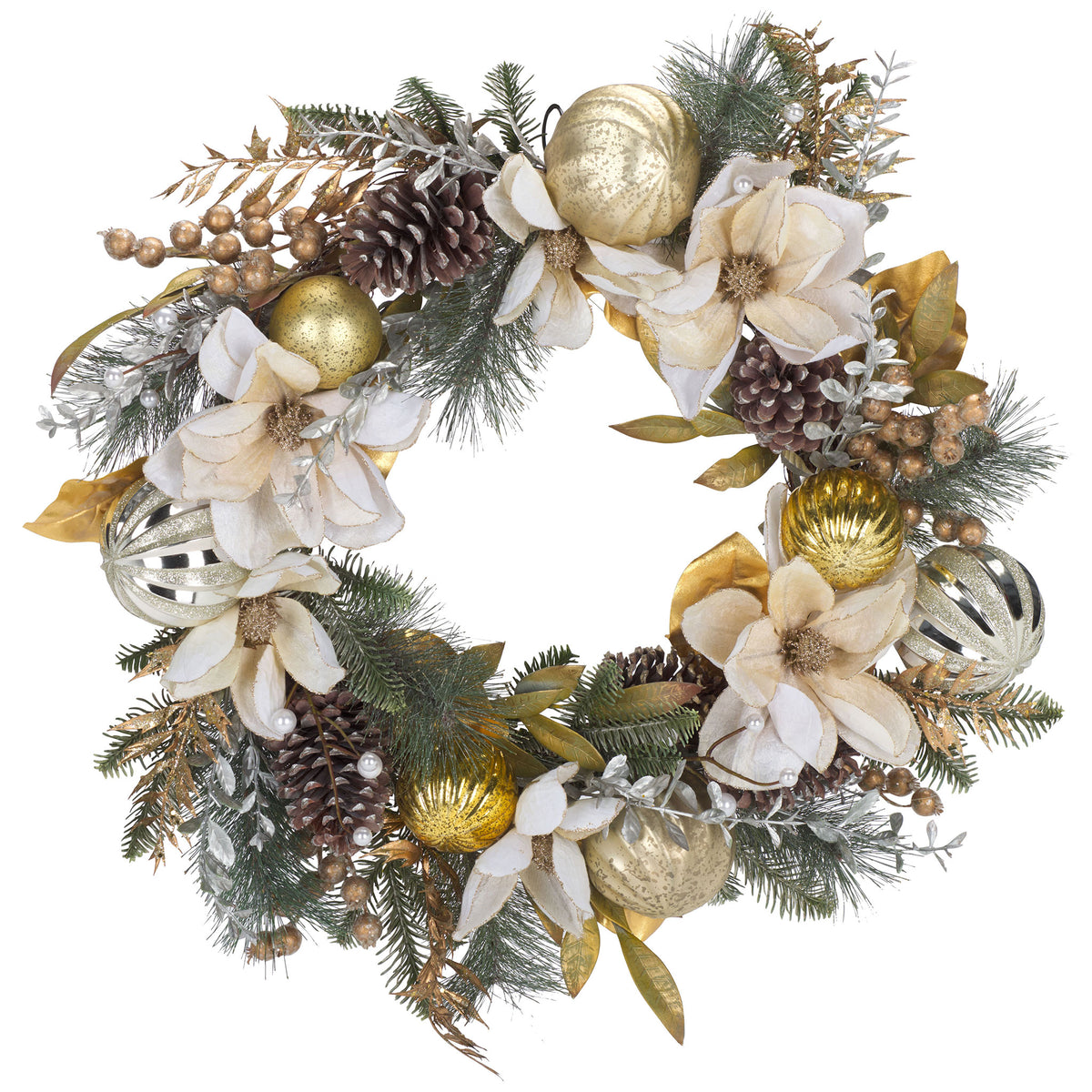 White poinsettias and shimmering baubles decorate a green pine wreath. || FXP1034A || front_studio