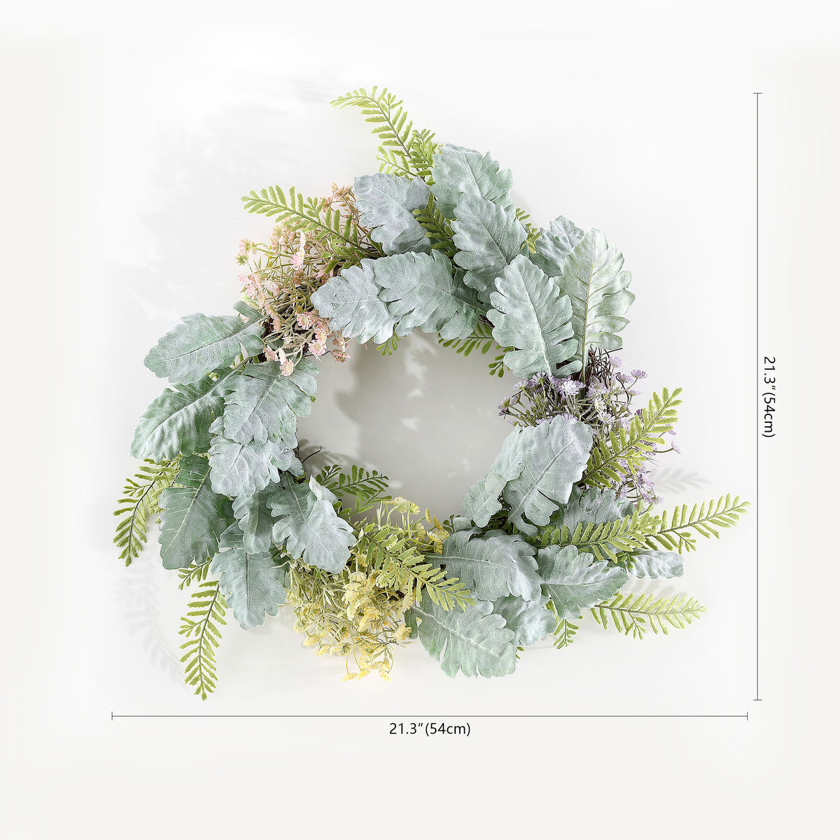 A roughly 21-inch wreath mixes pale flowers with silvery foliage. || FXP1036A || dimension_studio