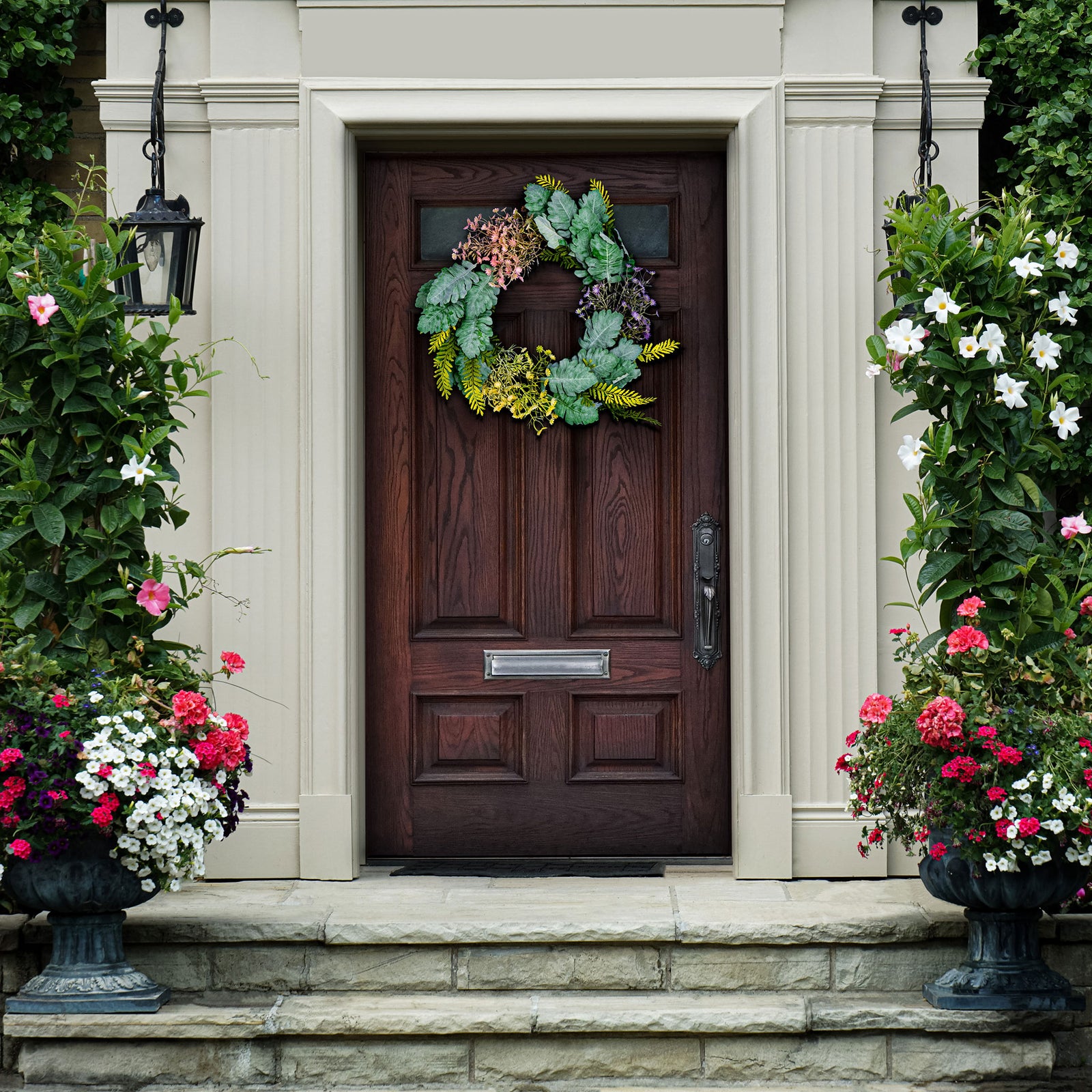 An airy floral wreath brings soft color to a welcoming doorway. || FXP1036A || front_room