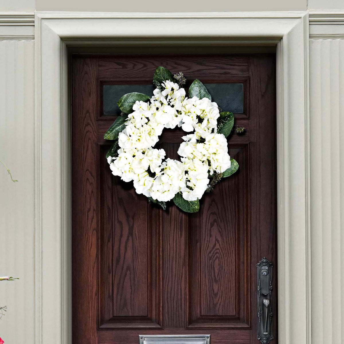 White hydrangea clusters brighten a dark door with lush spring color. || FXP1037A || front_room