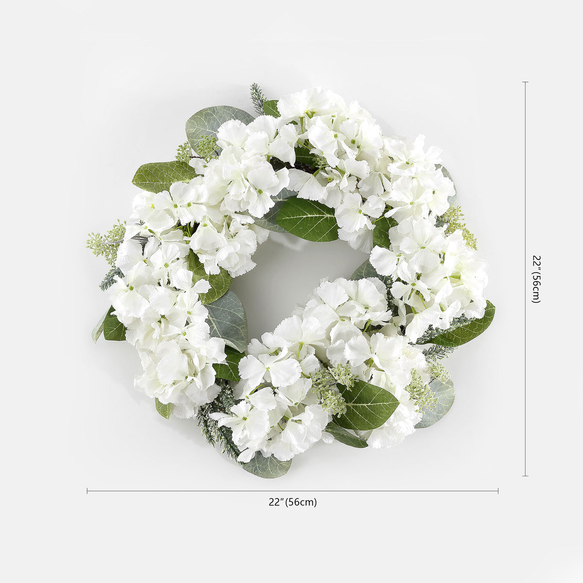 A 22-inch wreath combines white hydrangeas and leafy green accents. || FXP1037A || dimension_studio